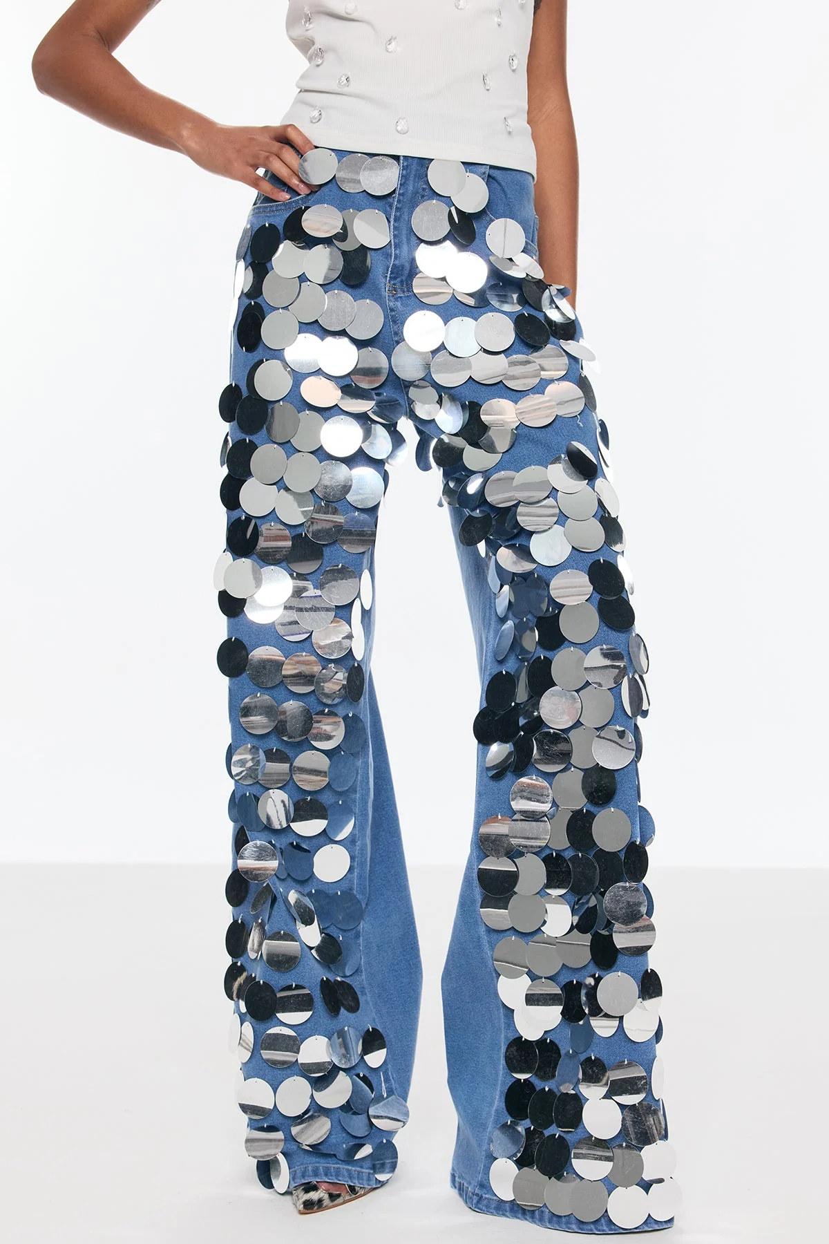 Blue Sequin Embellished Bell Bottom Jeans