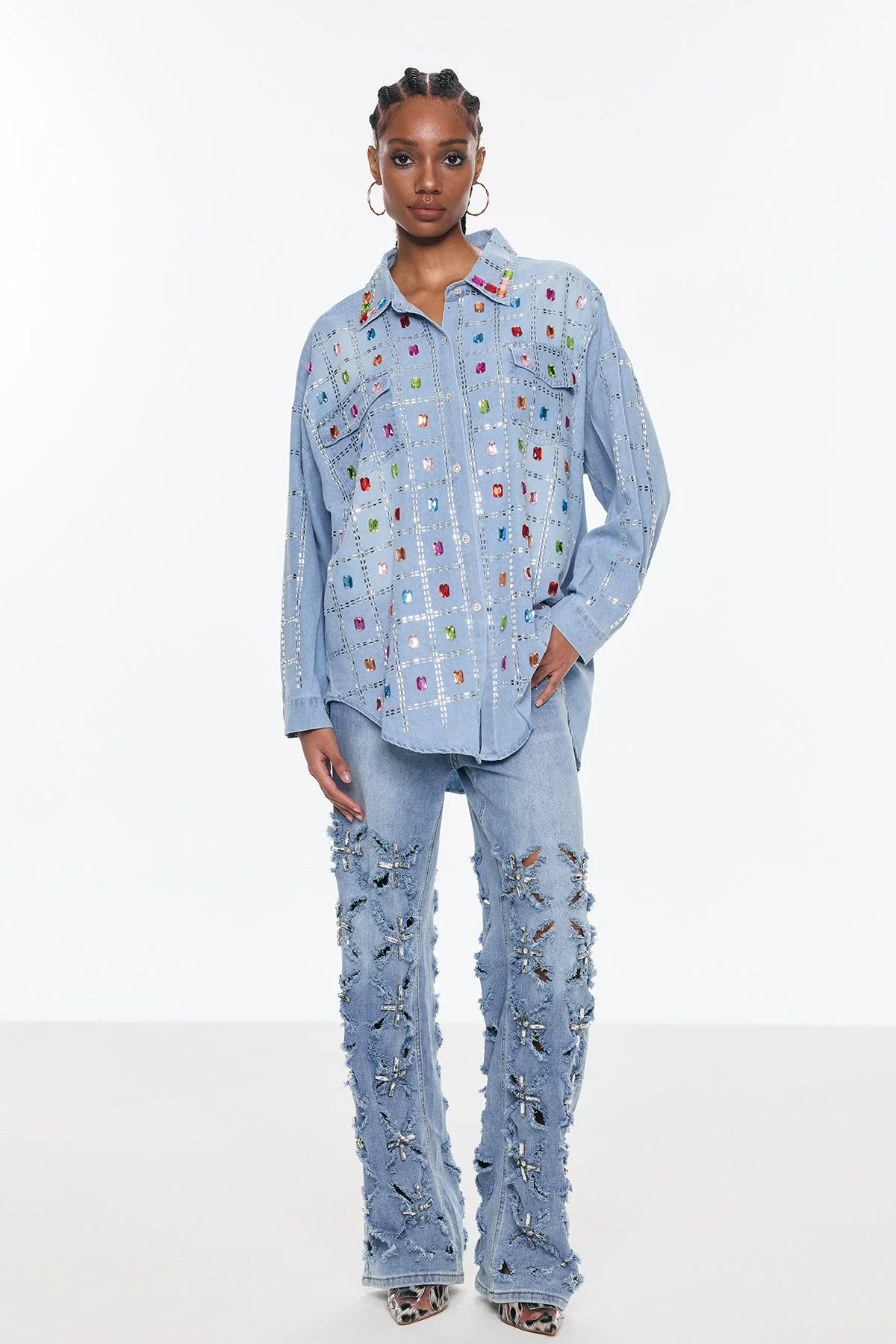 Rhinestone Grid Denim Shirt - Elegant Blue Shirt