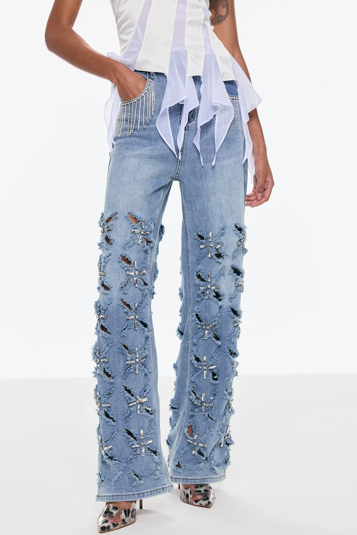 Rhinestone Fringe Distressed Denim Jeans