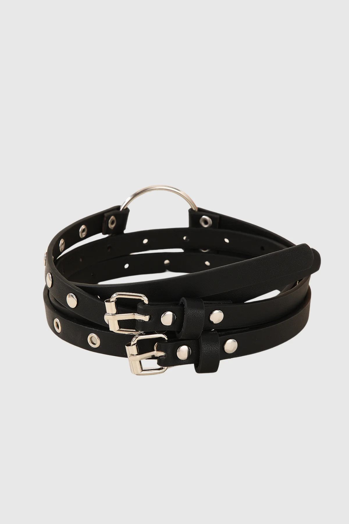 Studded Cutout Ring Belt in Black Leather