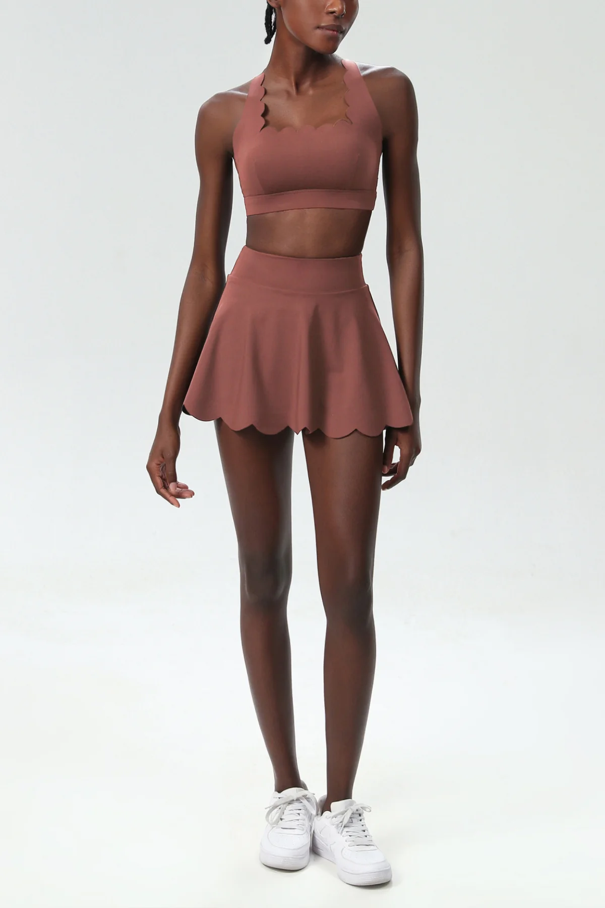 Khaki Ruffle Bodycon Skirt Set with Cross Wave Design