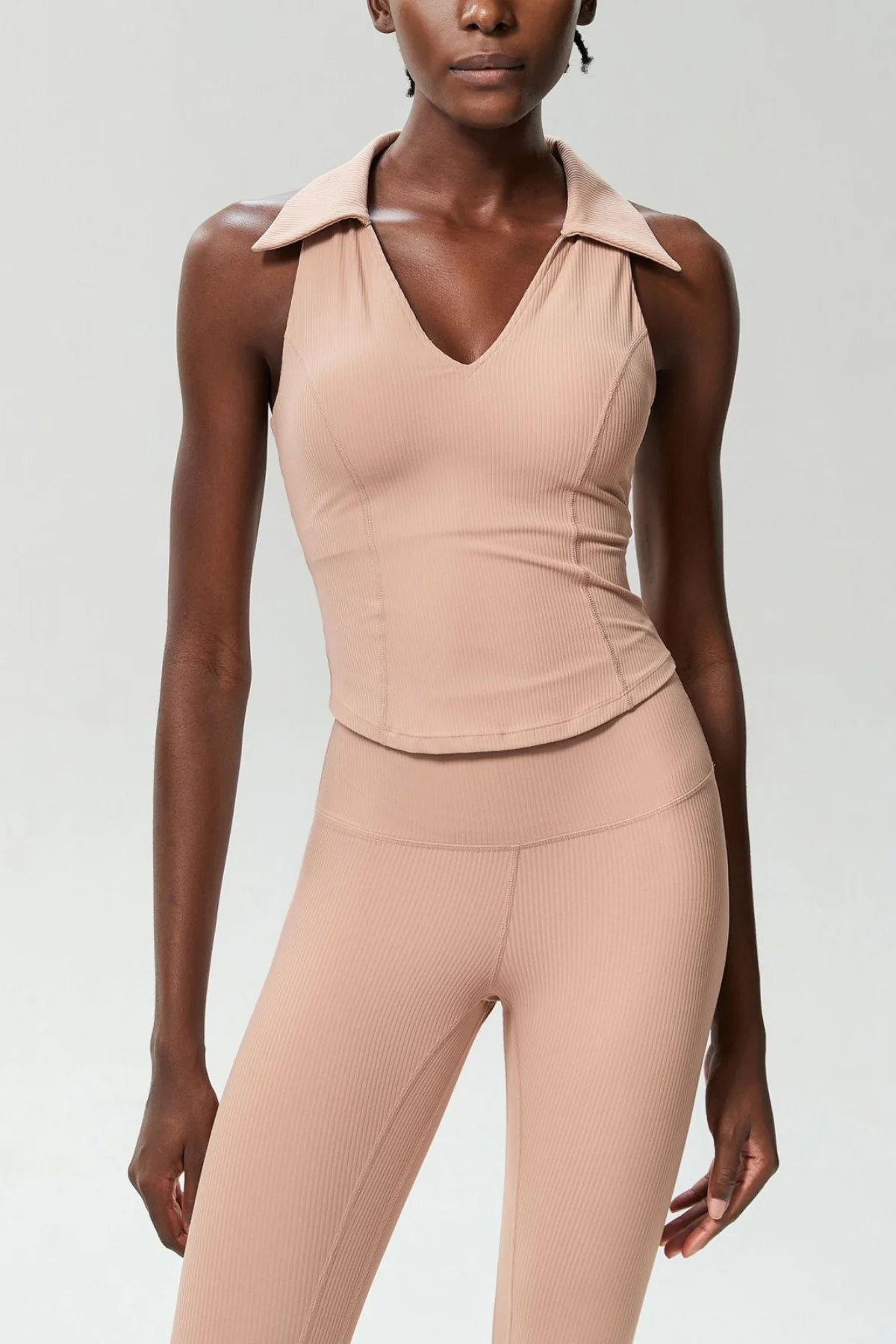 Apricot Sleeveless Bodycon Top with Lapel Detail