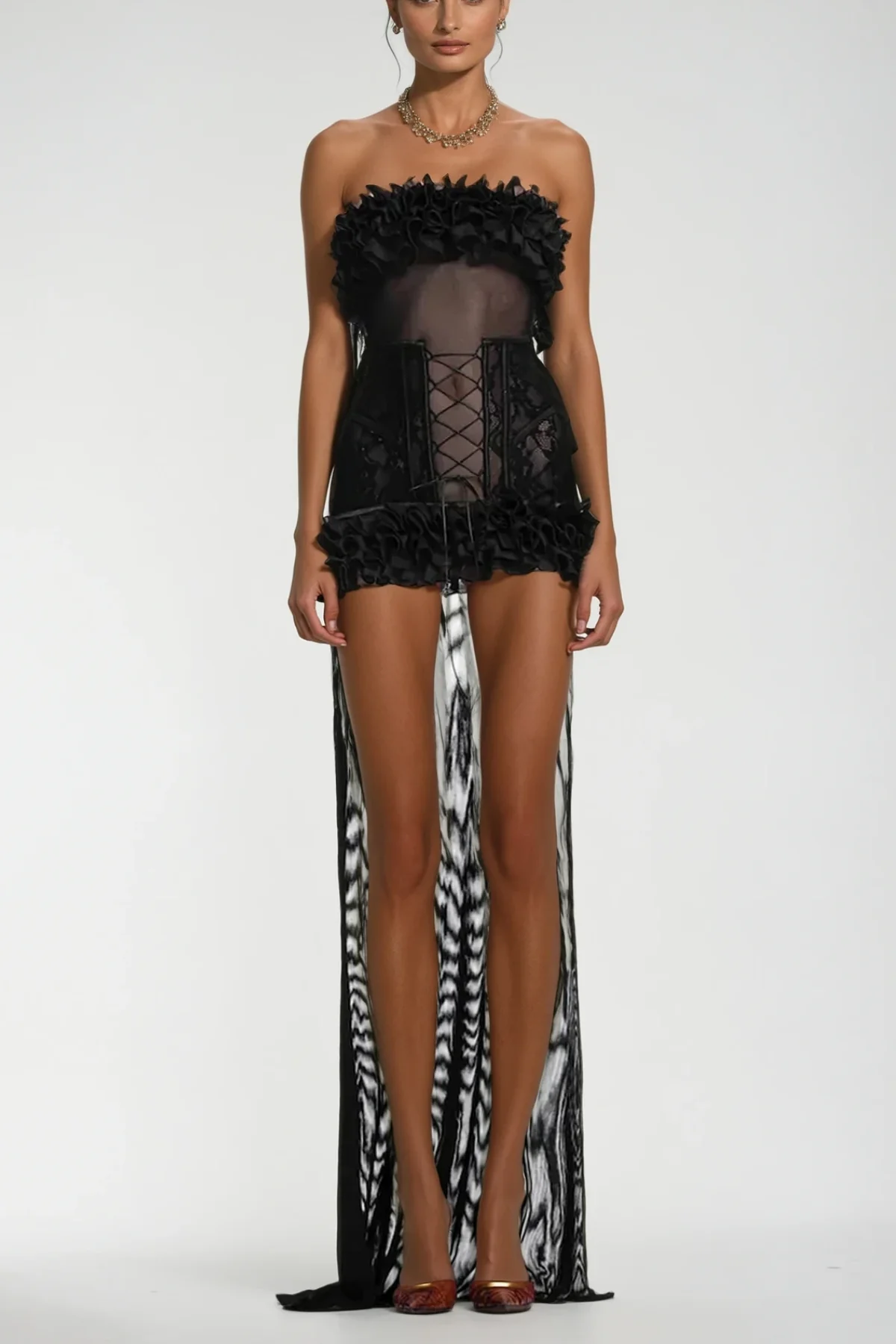 Black Mesh Ruffle Lace Asymmetric Mini Dress