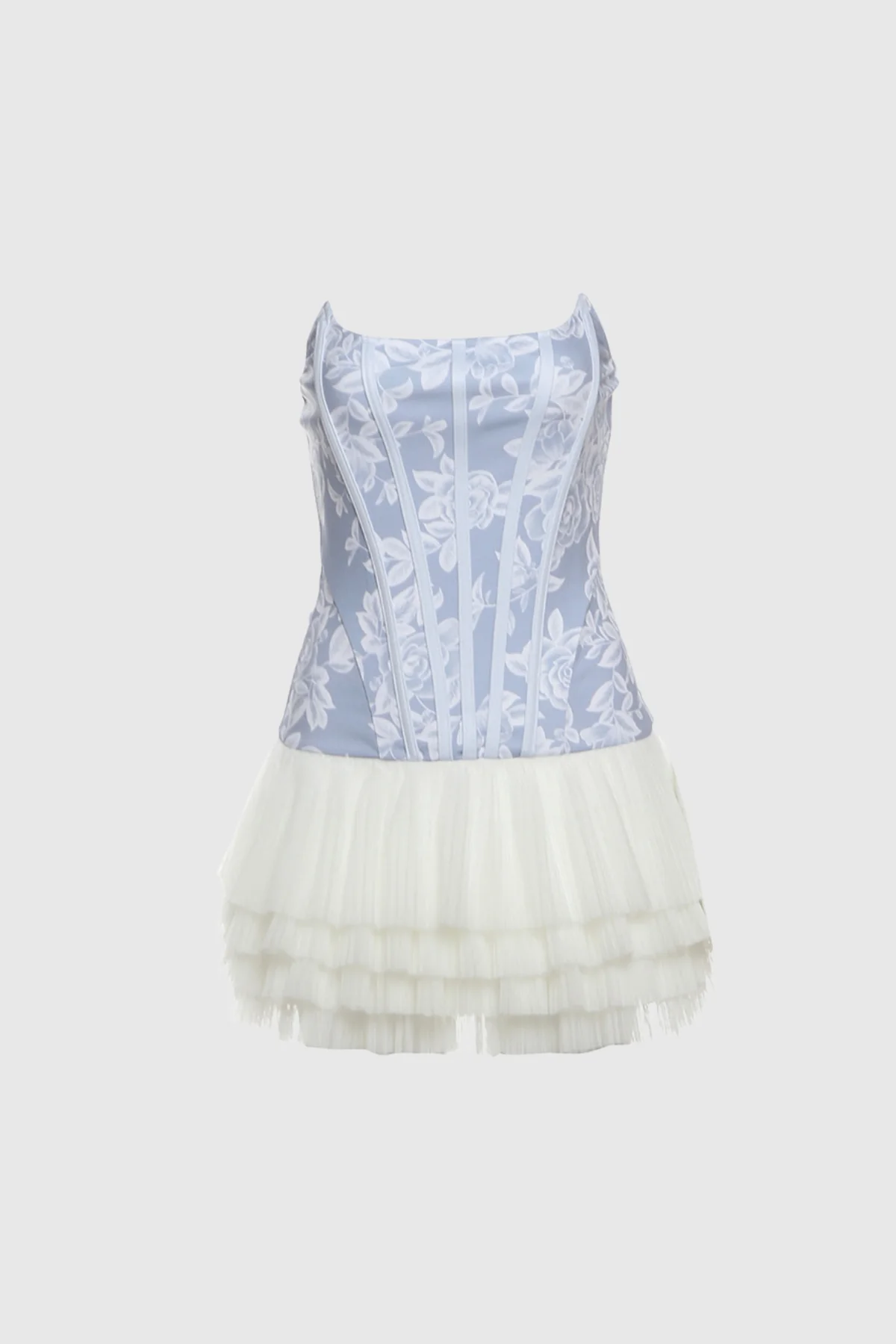 Blue Floral Mesh Strapless Mini Dress with Ruched Bodice