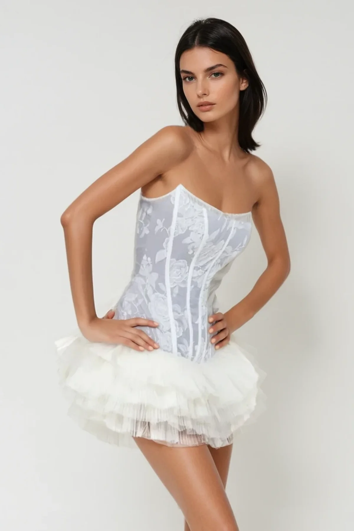 Blue Floral Mesh Strapless Mini Dress with Ruched Bodice