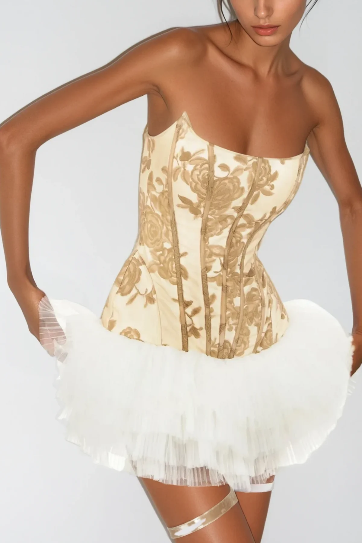 Yellow Floral Mesh Ruched Mini Dress - Stylish Strapless Design