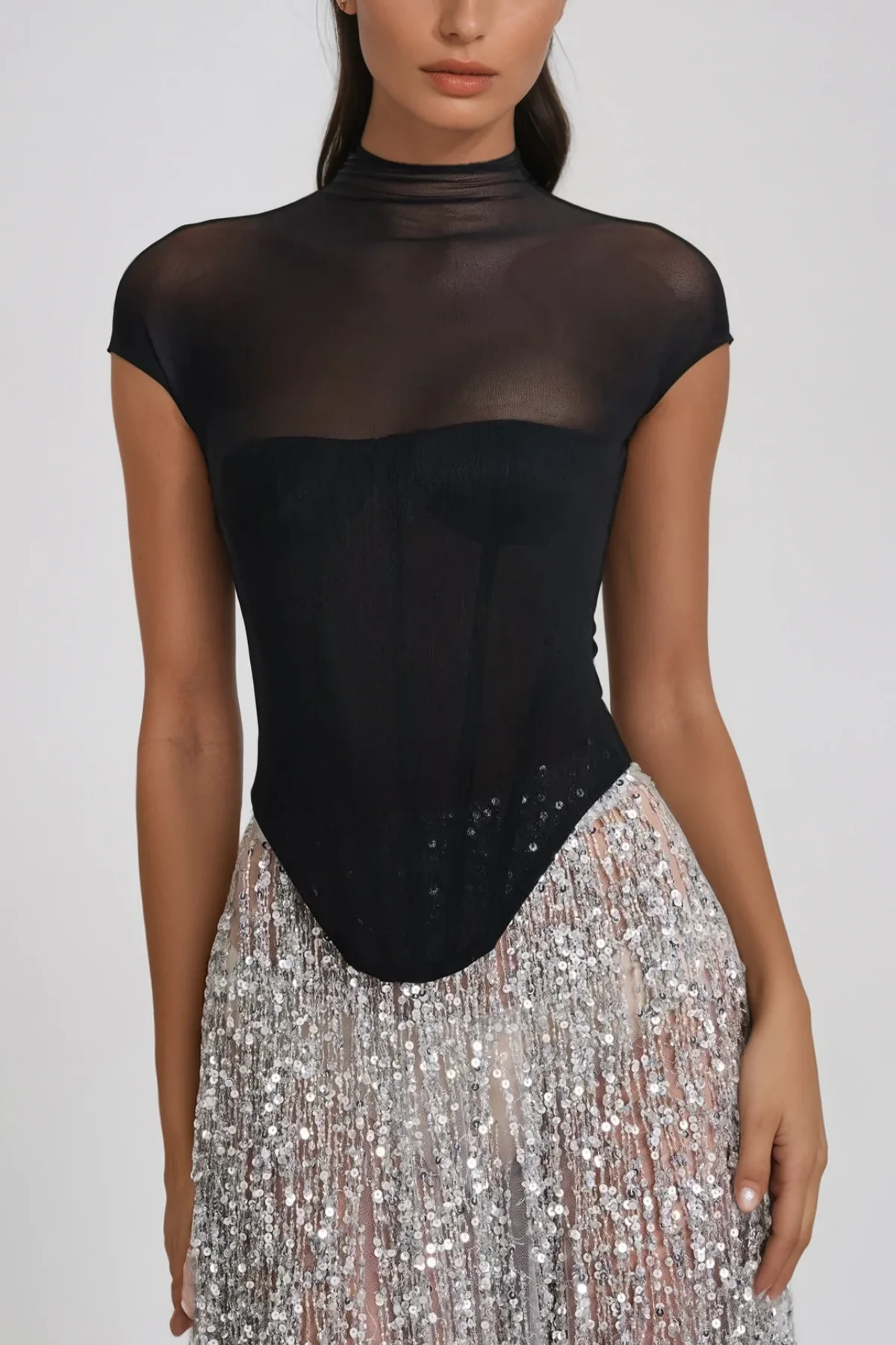 Fringe Sequin Mesh Skirt Set - Elegant Black Ensemble