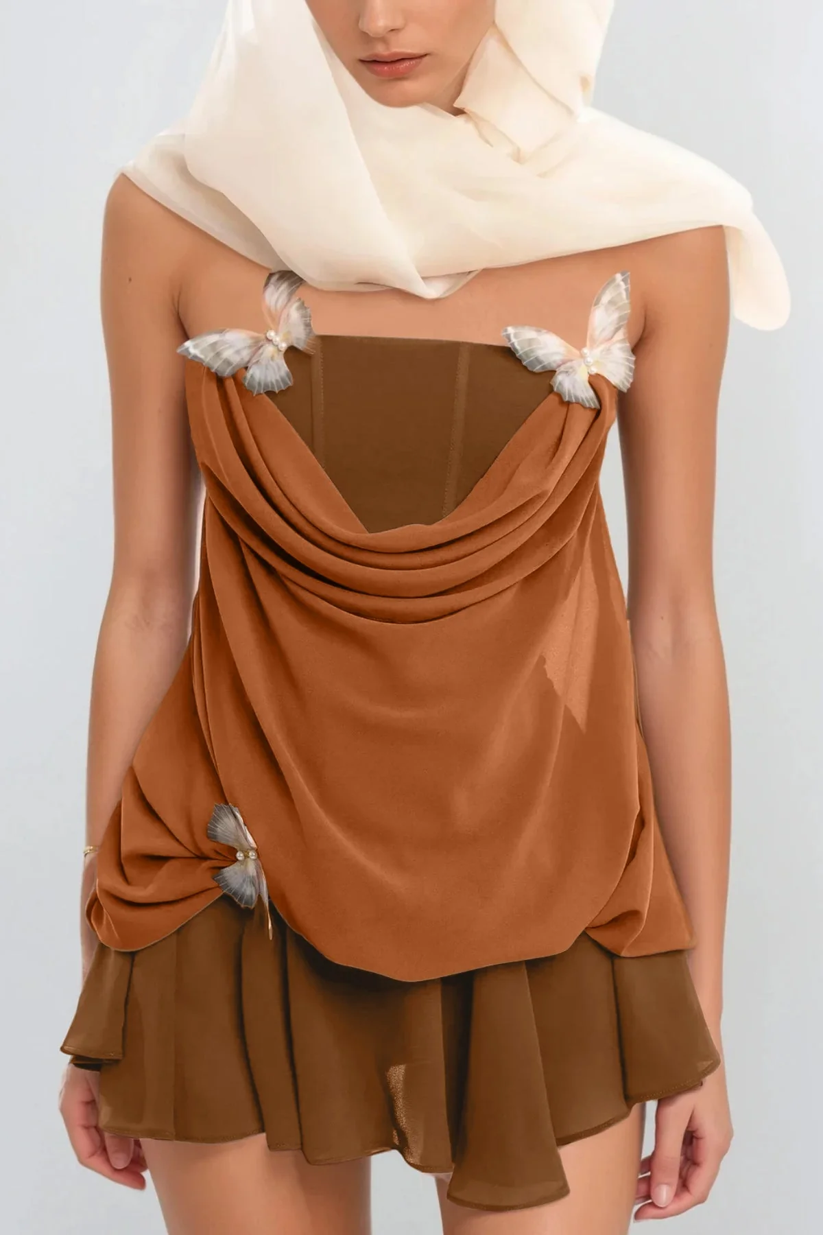 Butterfly Mesh Ruffle Mini Dress Brown Romantic Coquette