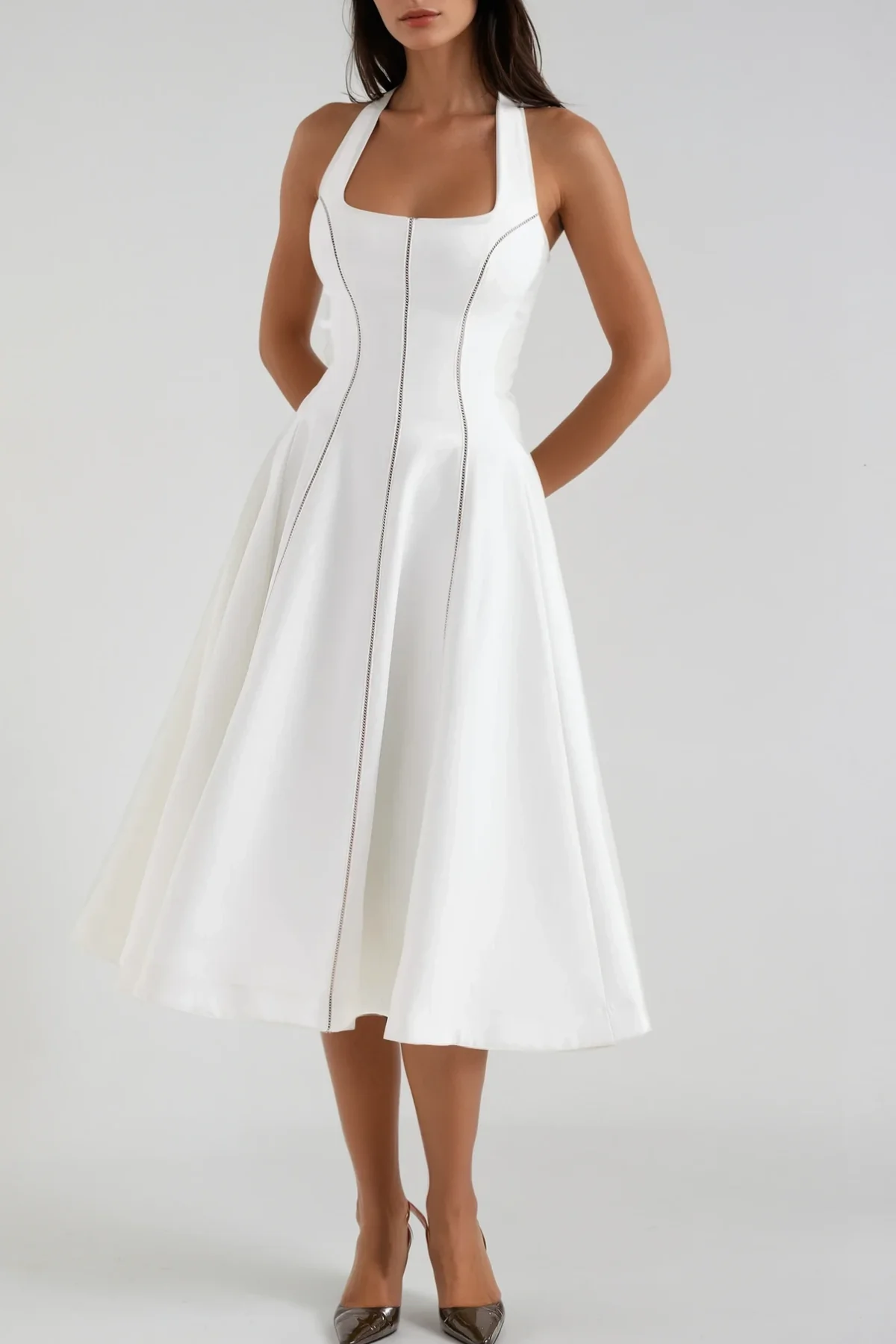 Chic Striped Ruffle Halter Midi Dress