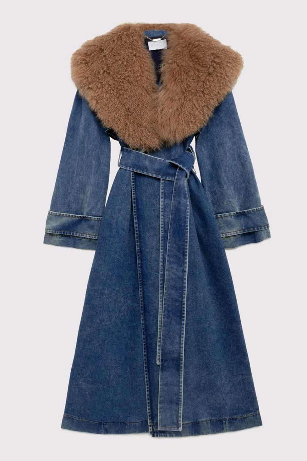 Luxury Fur Collar Lace-Up Denim Coat