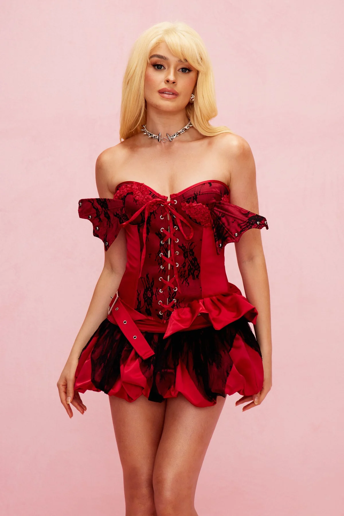 Red Lace Corset Ruched Skirt Set for Women