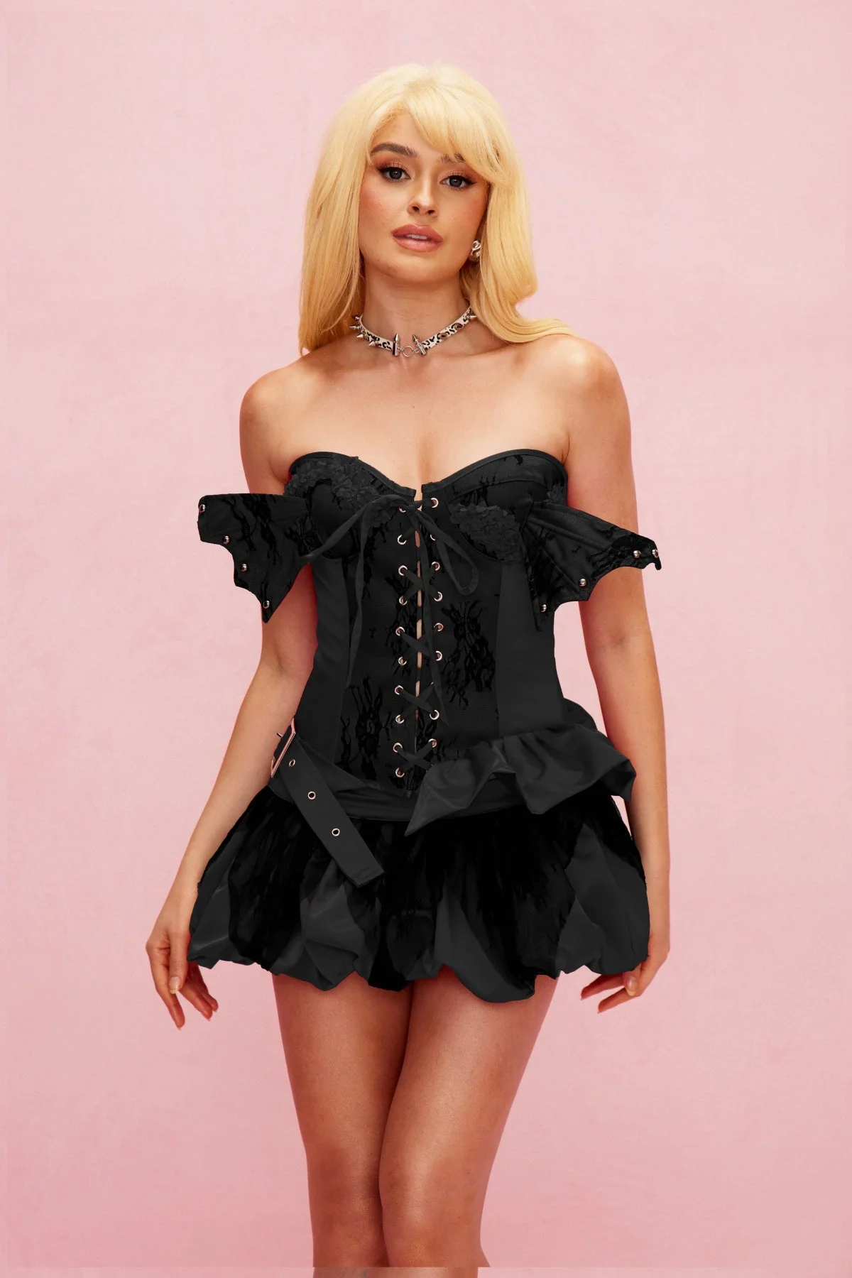 Black Lace Corset and Ruched Skirt Set