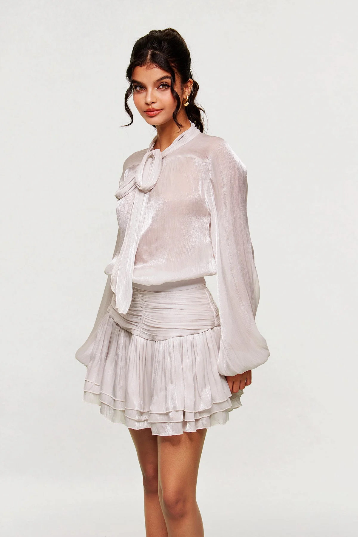 Silver Lace-Up Ruched Mesh Skirt Dress Set