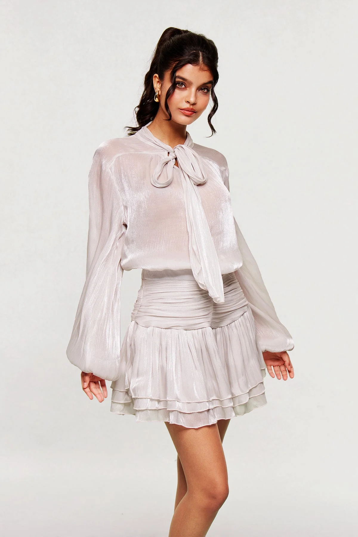 Silver Lace-Up Ruched Mesh Skirt Dress Set