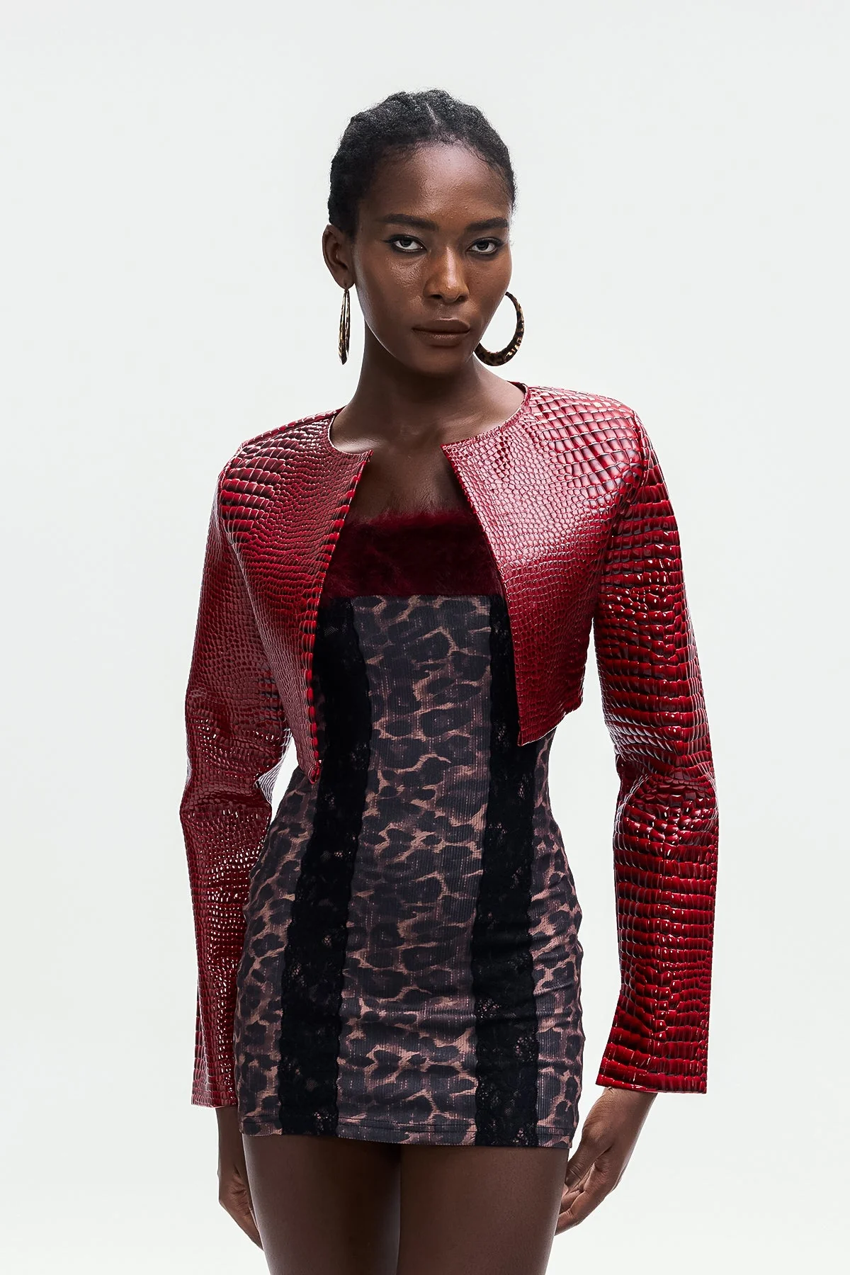 Red Crocodile Patterned Crop Leather Jacket
