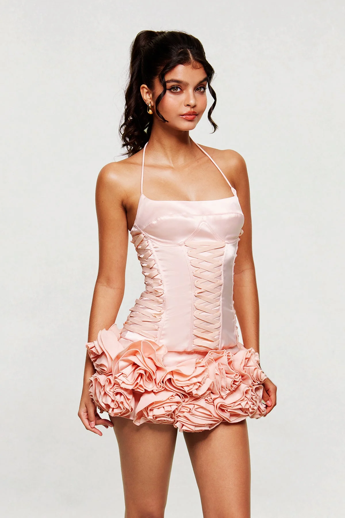 Pink Flower Corset Halter Neck Skirt Set