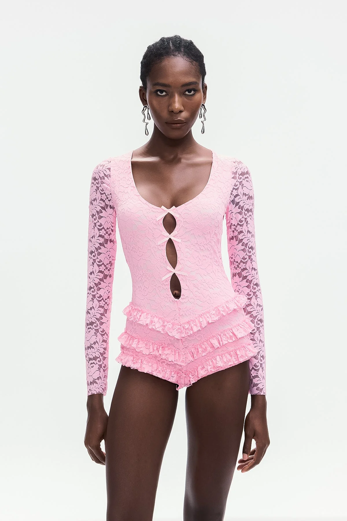 Pink Lace Bow Ruffle Short Jumpsuit