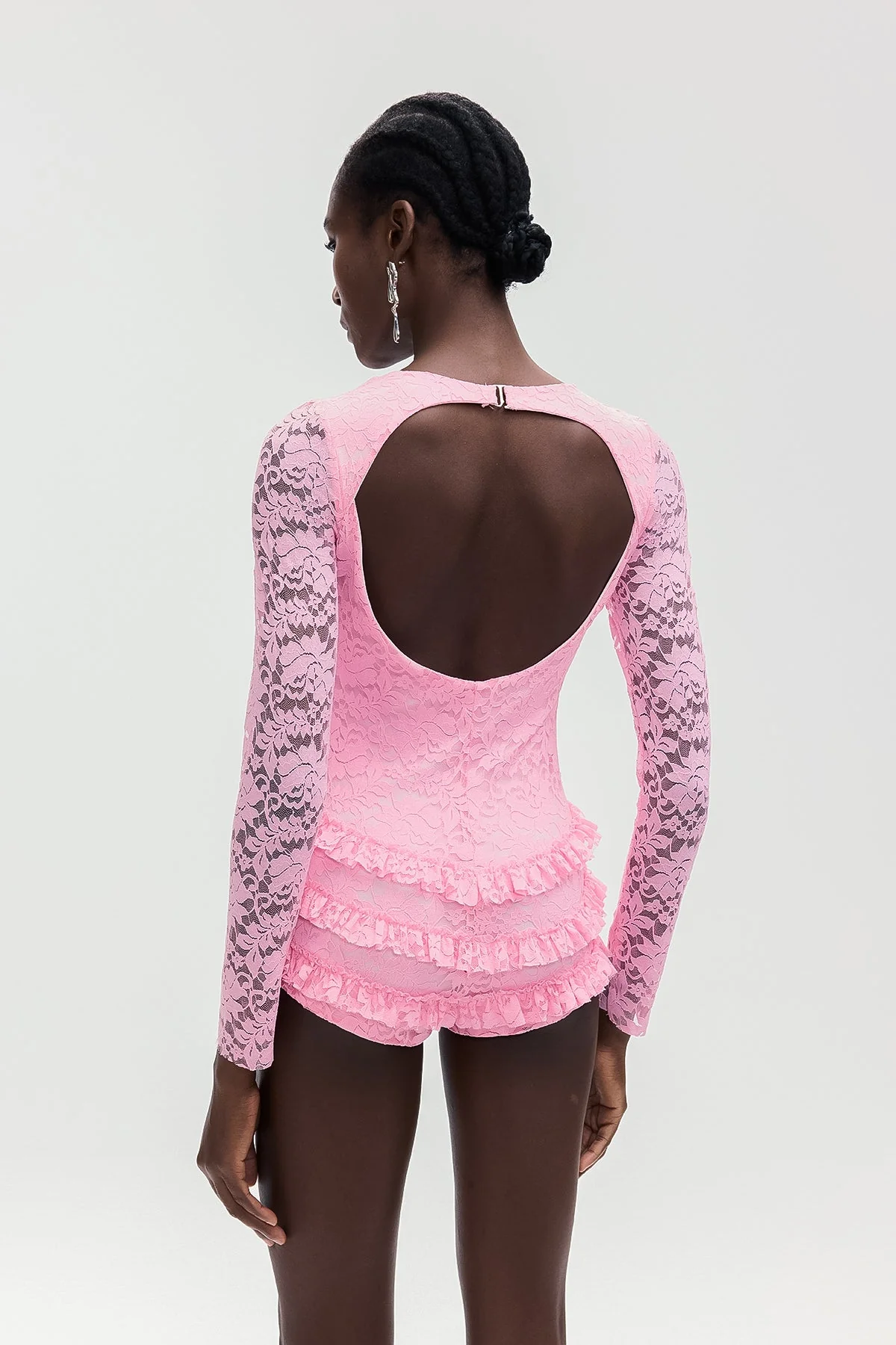 Pink Lace Bow Ruffle Short Jumpsuit