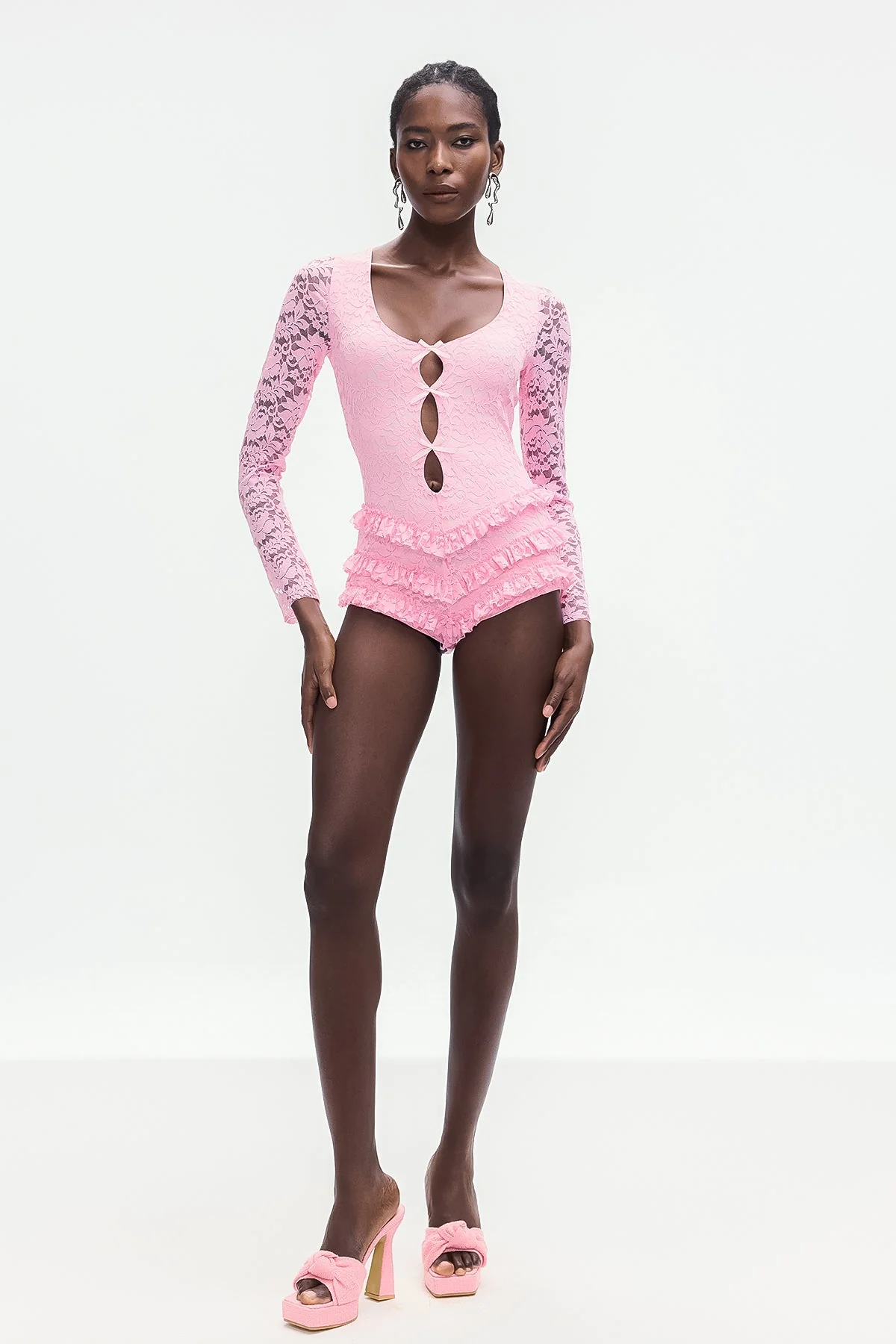 Pink Lace Bow Ruffle Short Jumpsuit