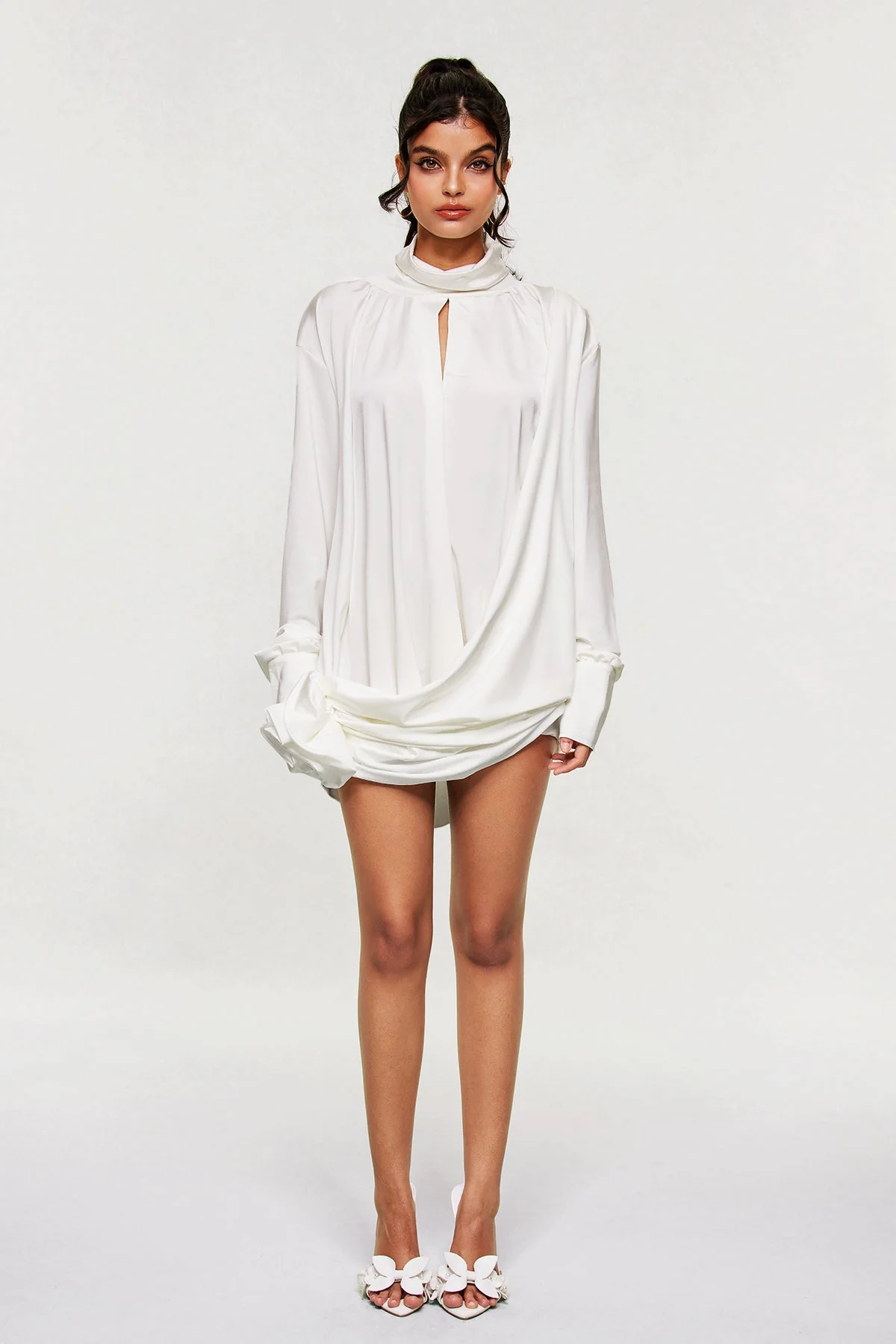 Floral Cutout Mesh Ruched White Mini Dress