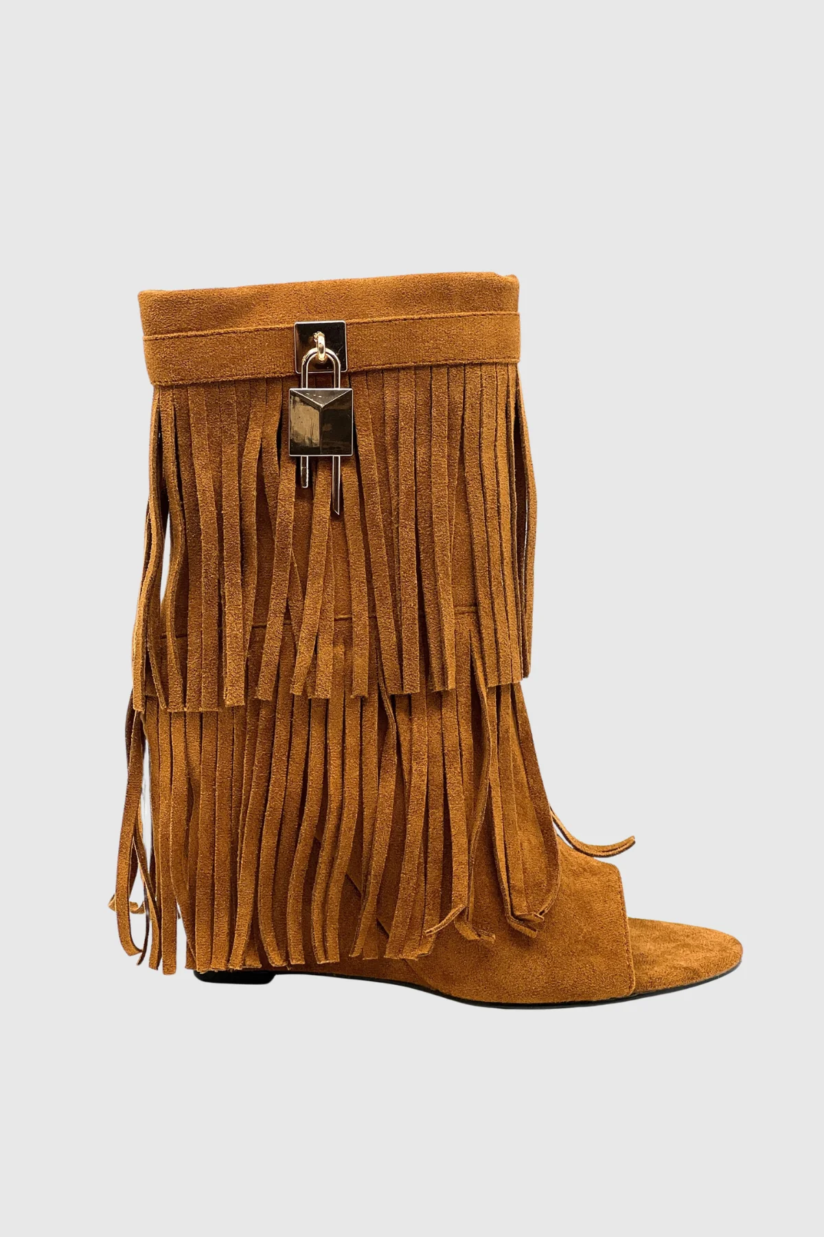 Brown Fringe Suede Peep Toe Boots - Bohemian Style