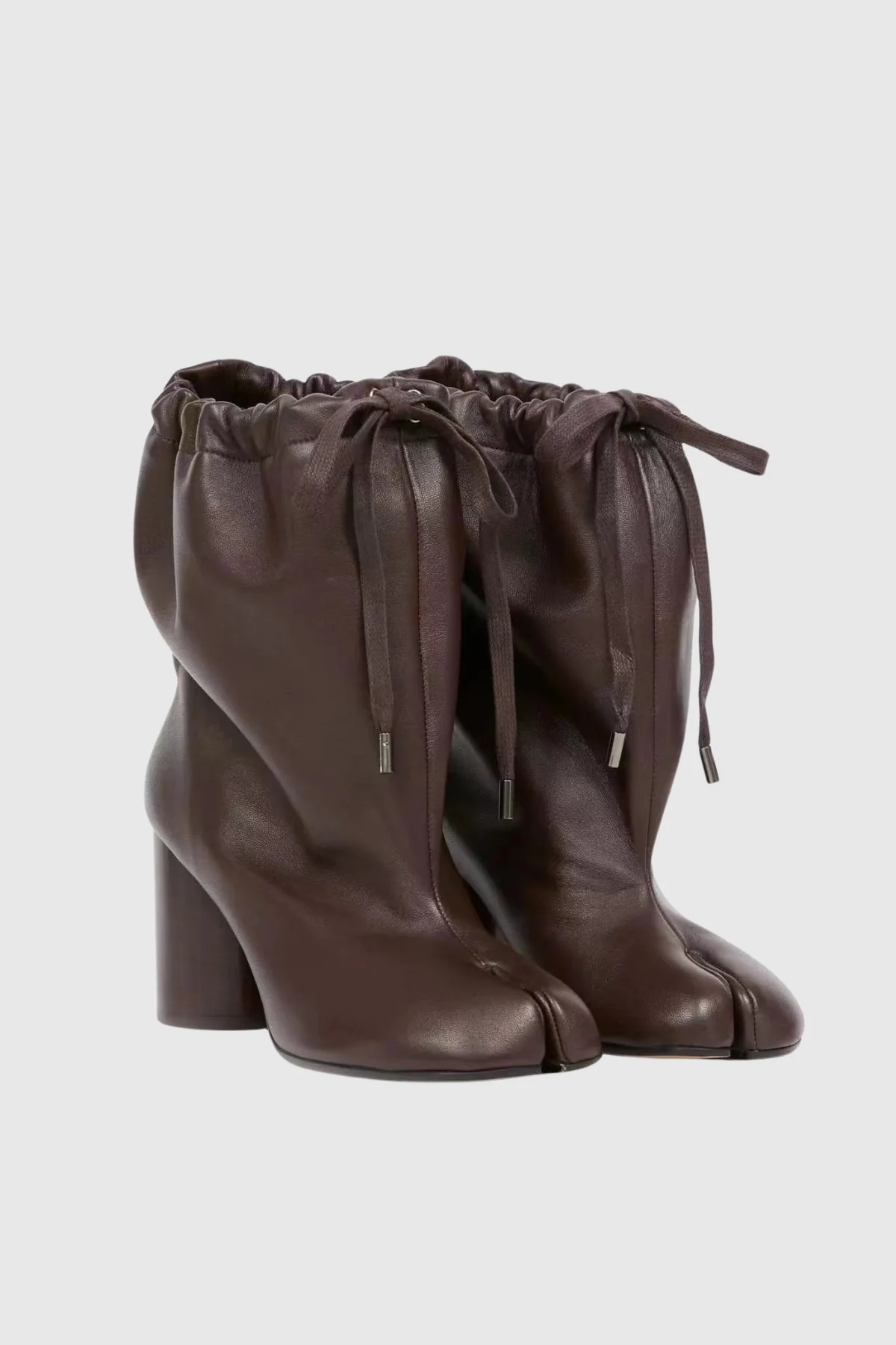 Brown Leather Drawstring Tabi Boots - Elegant Comfort & Style
