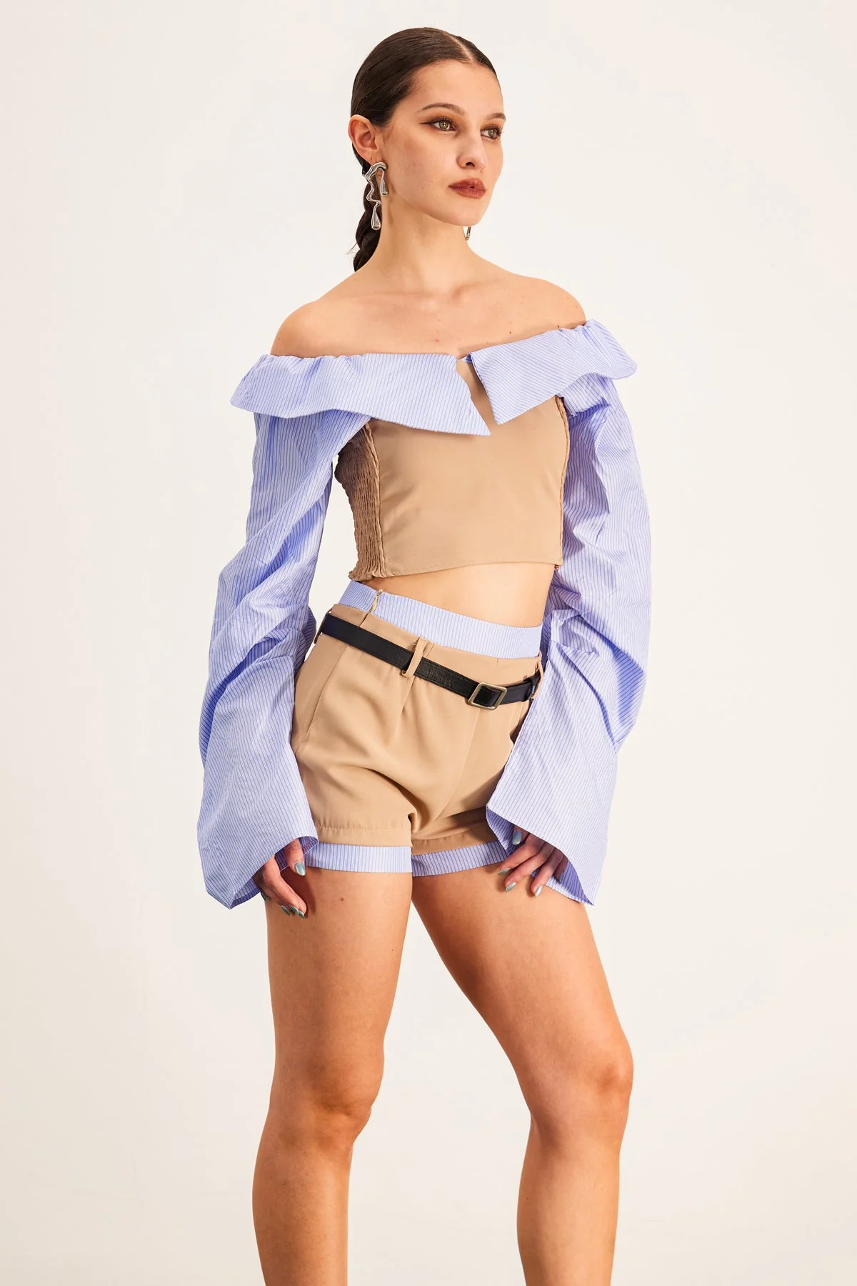Blue Off Shoulder Buckle Shorts Set
