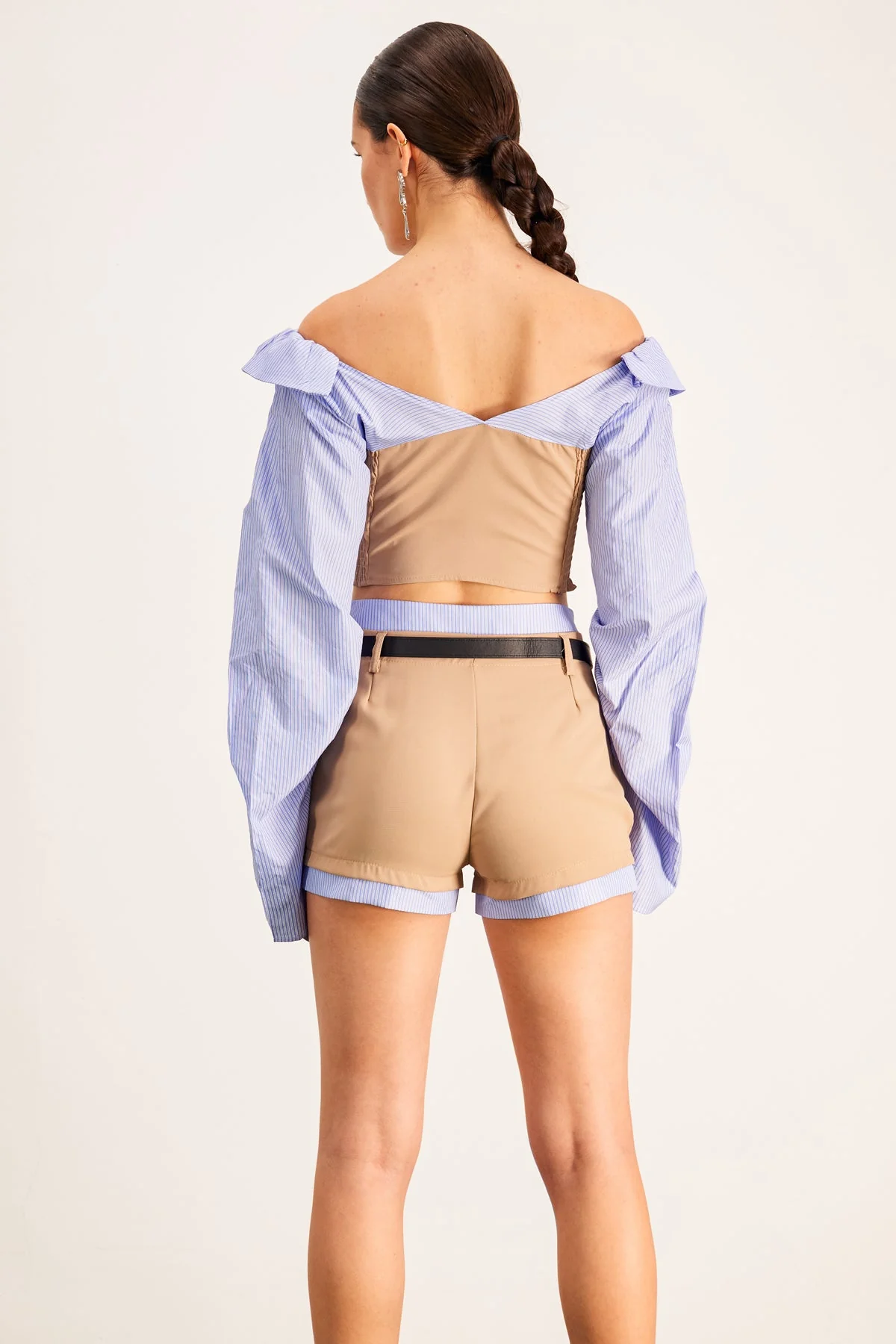 Blue Off Shoulder Buckle Shorts Set