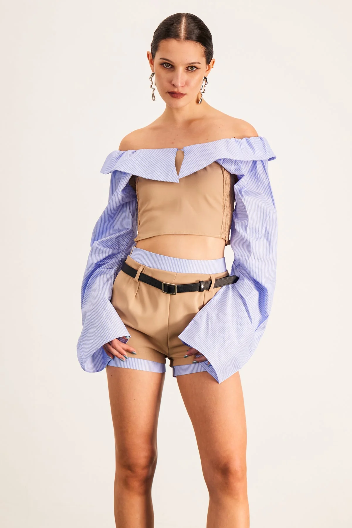 Blue Off Shoulder Buckle Shorts Set
