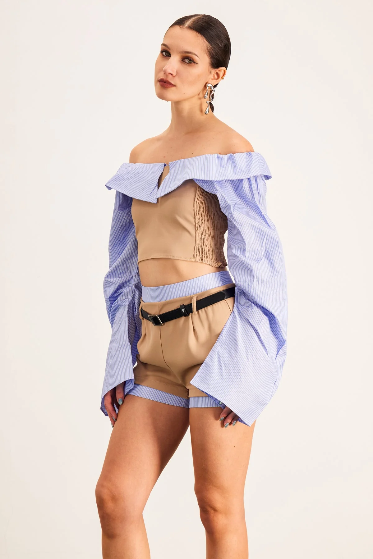 Blue Off Shoulder Buckle Shorts Set