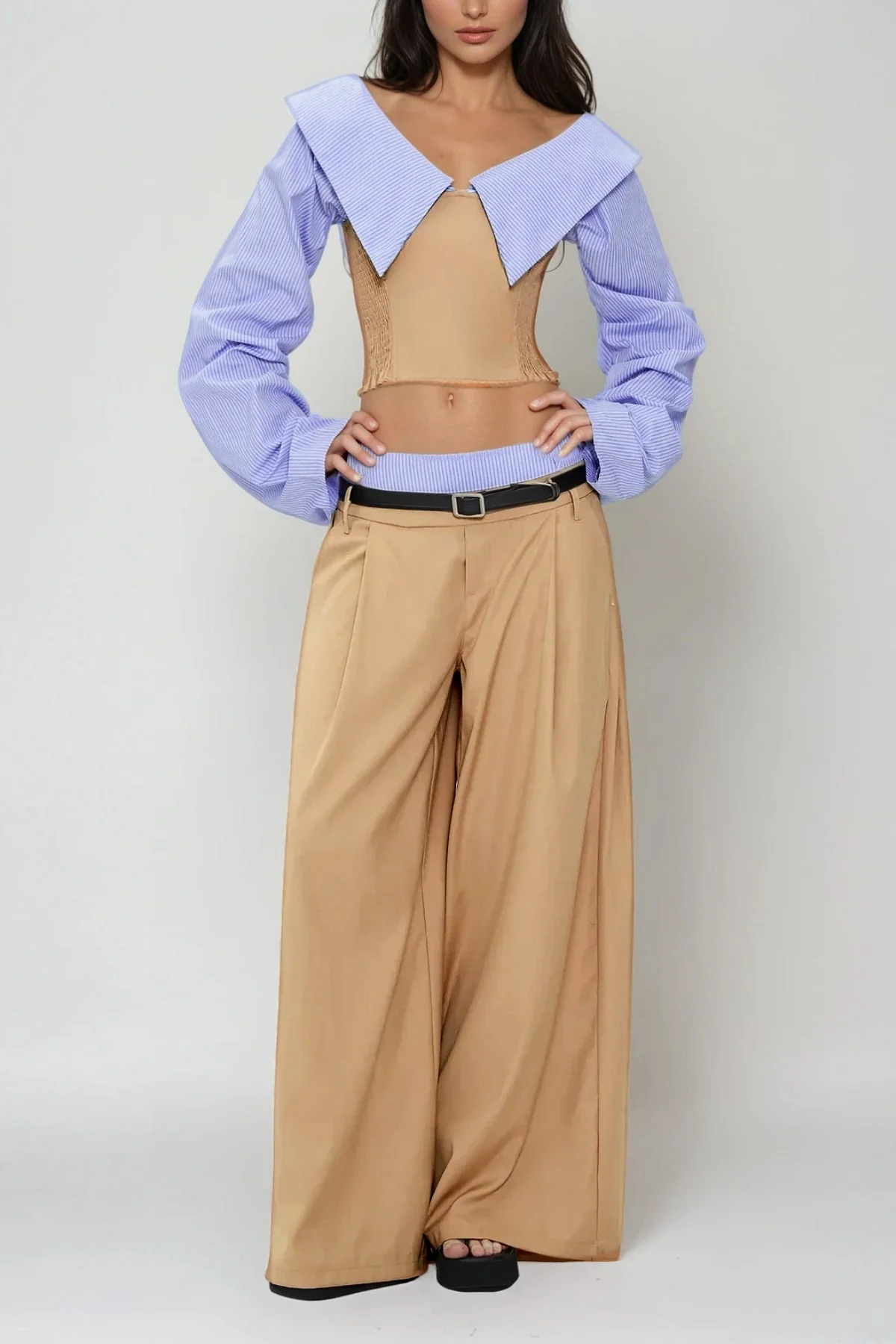 Khaki Off Shoulder Buckle Pants Set