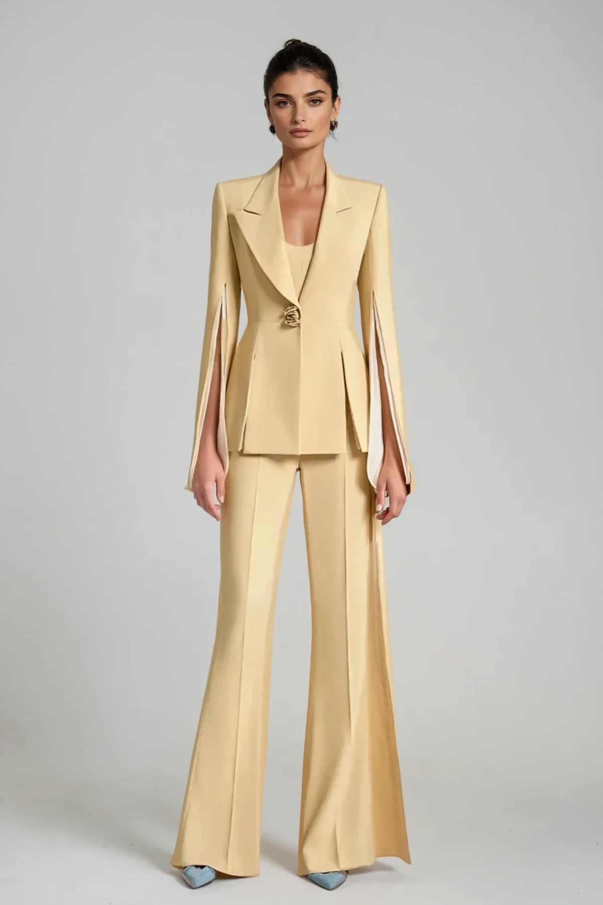 Yellow Split Lapel Pants Set for Stylish Look