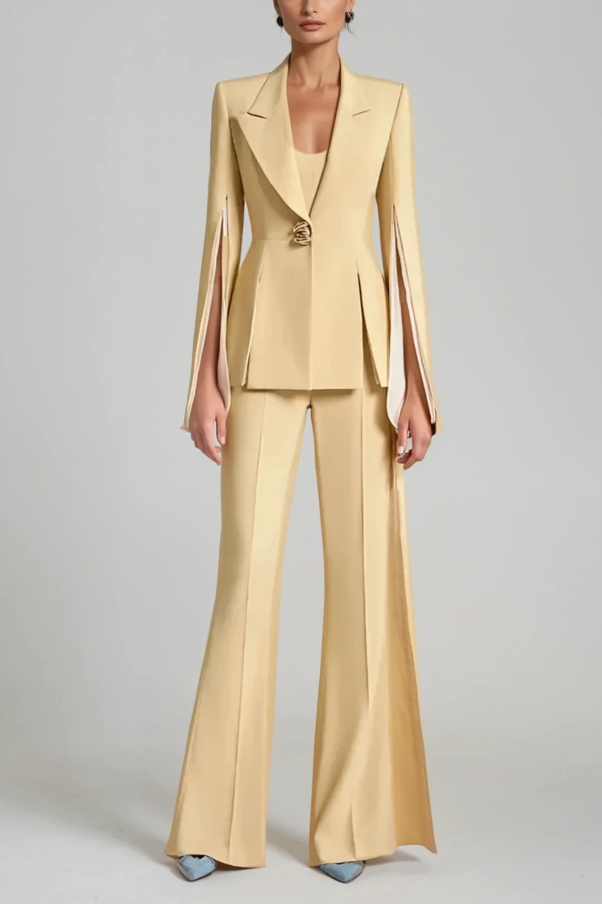 Yellow Split Lapel Pants Set for Stylish Look