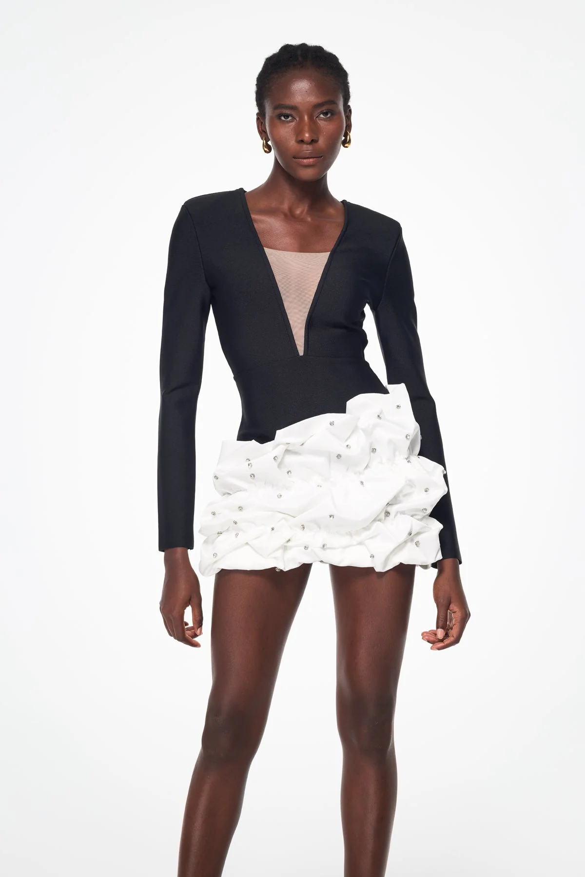 Black Rhinestone Plunge Ruch Mini Dress