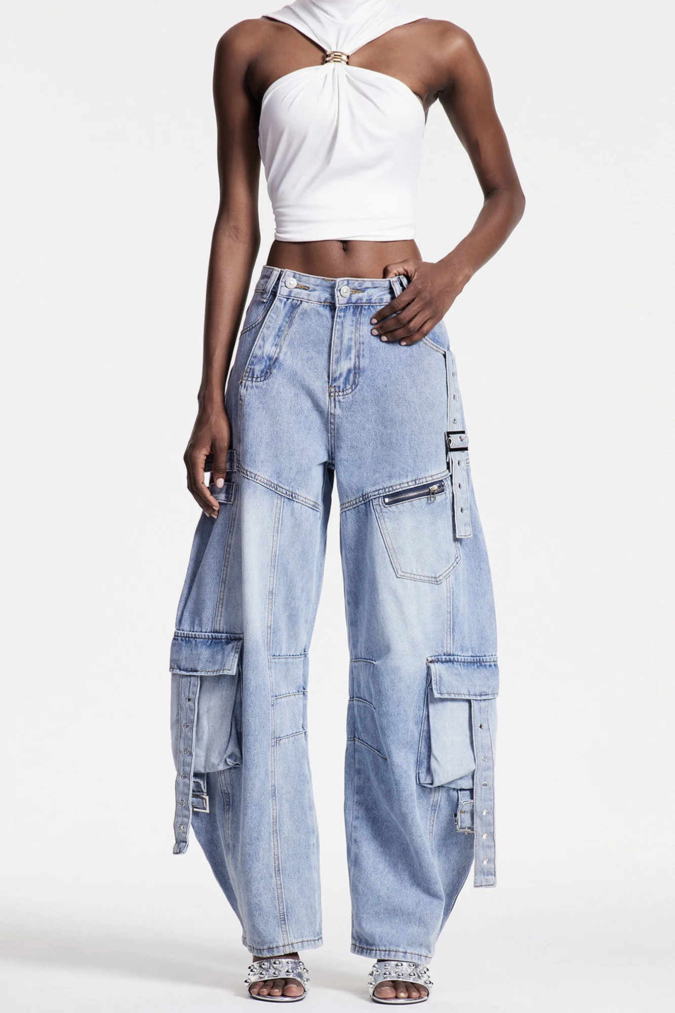 Blue Wide Cargo Jeans with Asymmetric Buckle