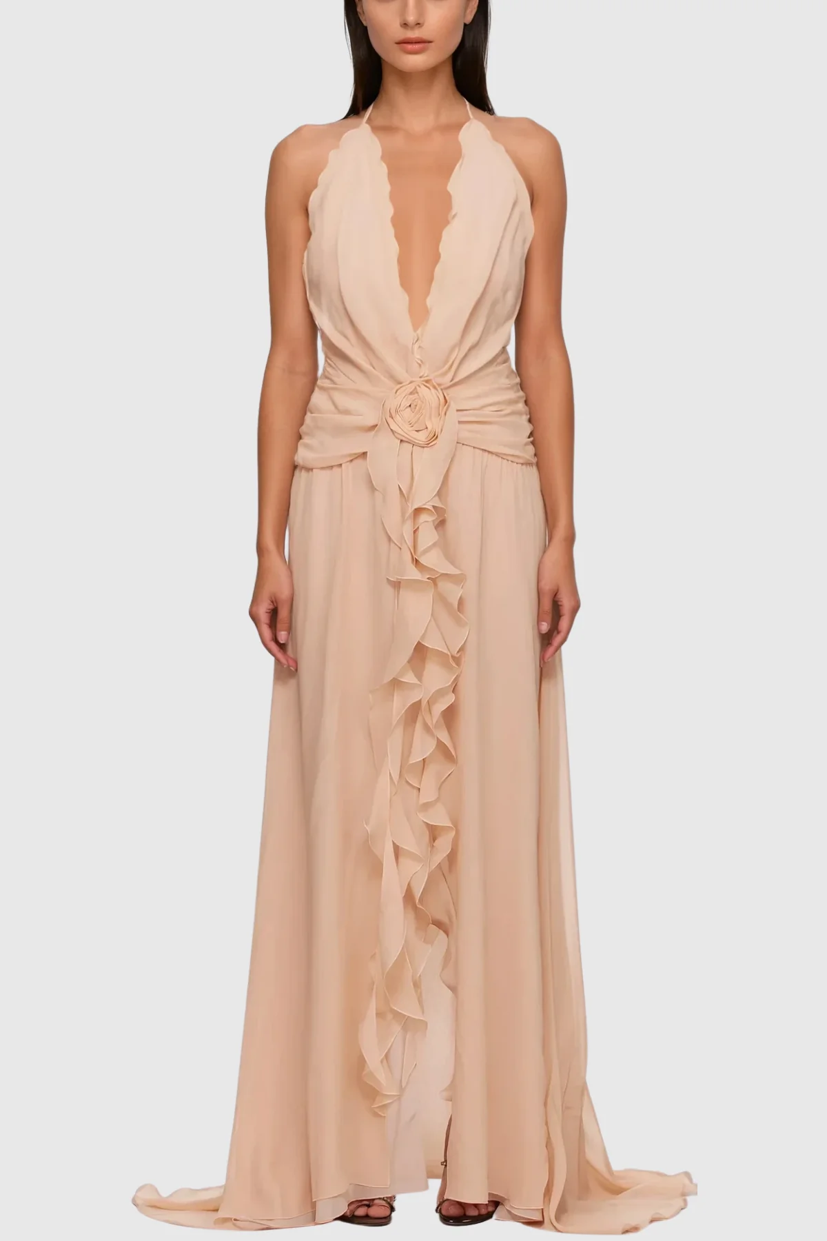 Pink Flower Ruffle Halter Neck Mesh Maxi Dress