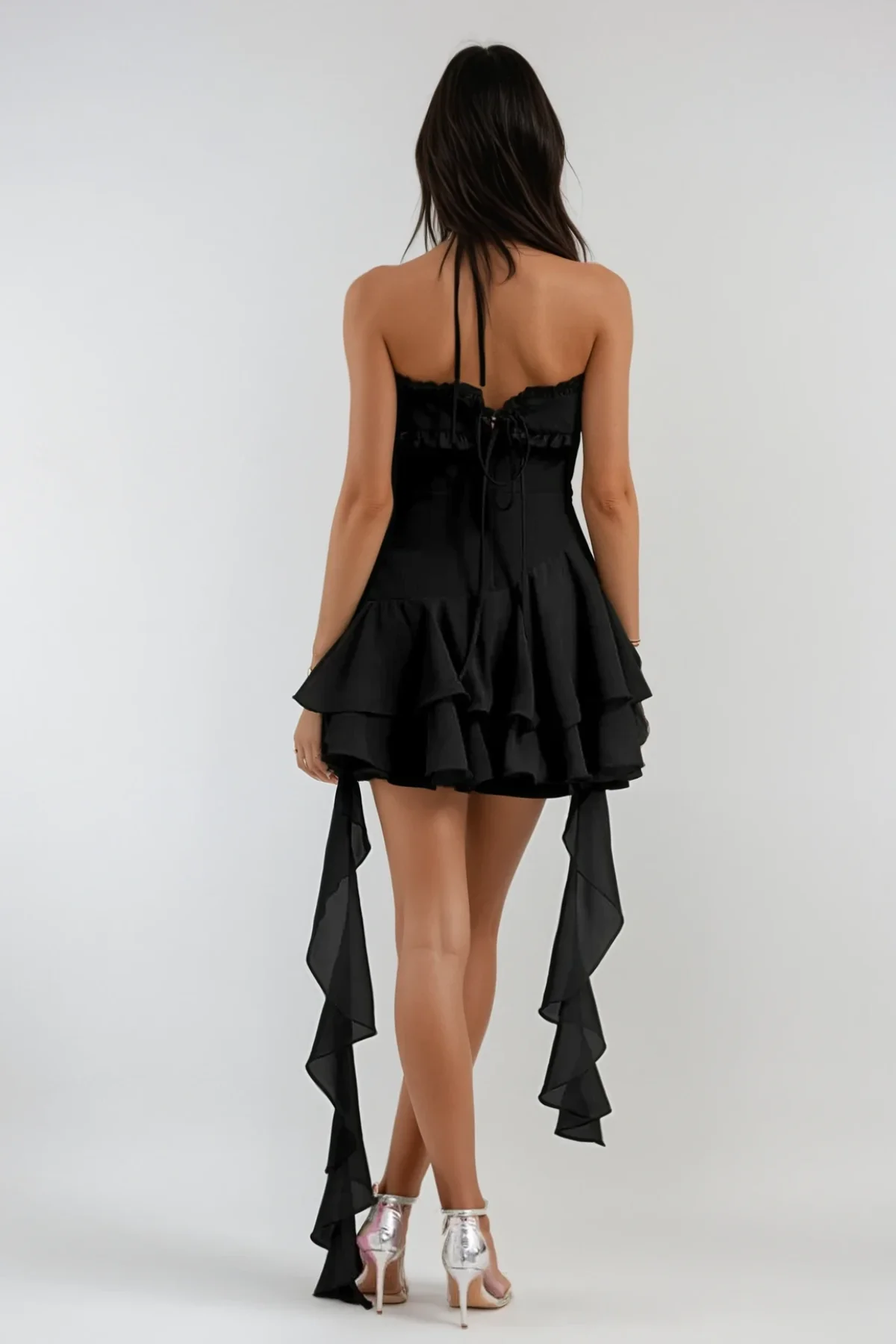 Black Mesh Ruffle Fringe Halter Neck Mini Dress