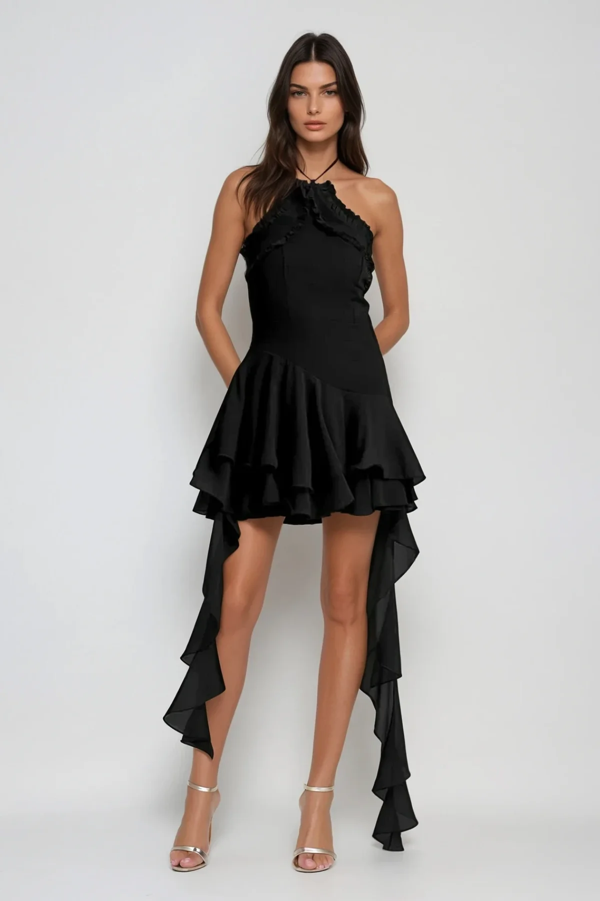 Black Mesh Ruffle Fringe Halter Neck Mini Dress