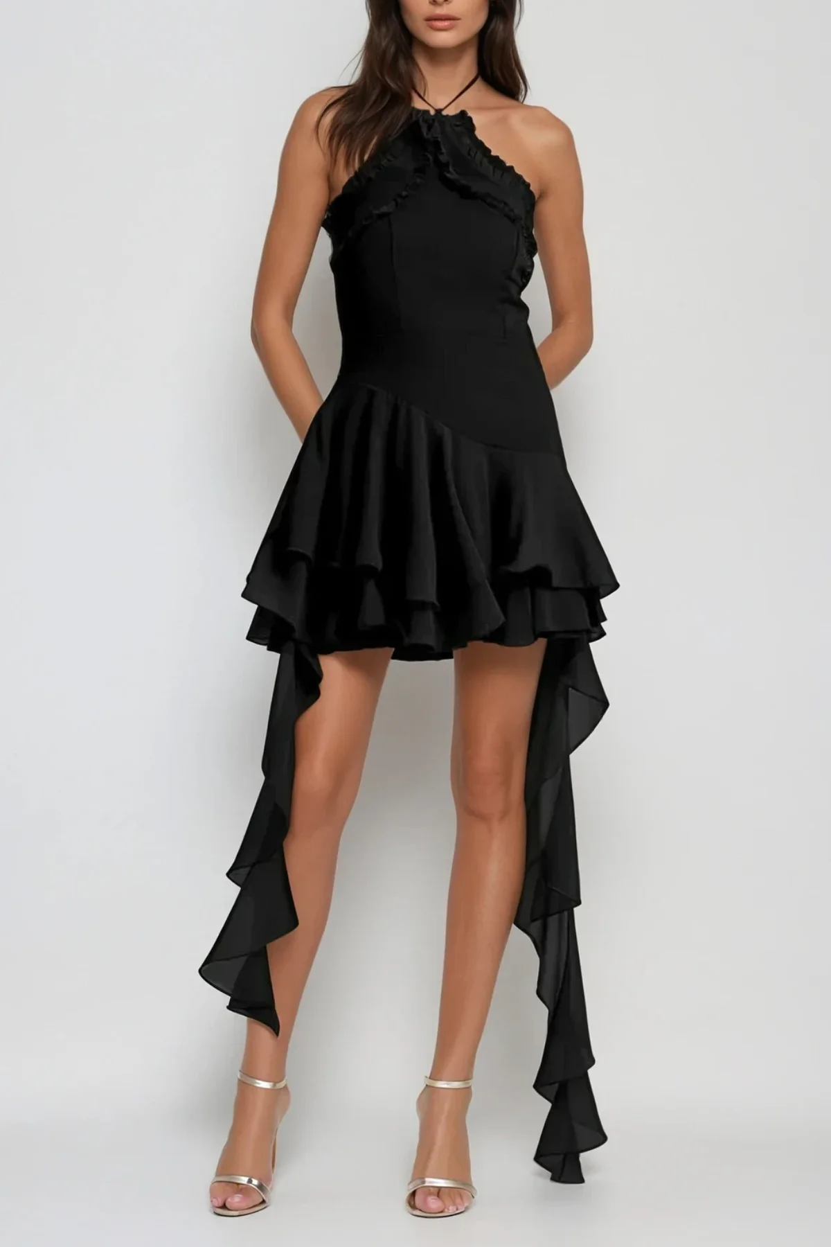 Black Mesh Ruffle Fringe Halter Neck Mini Dress