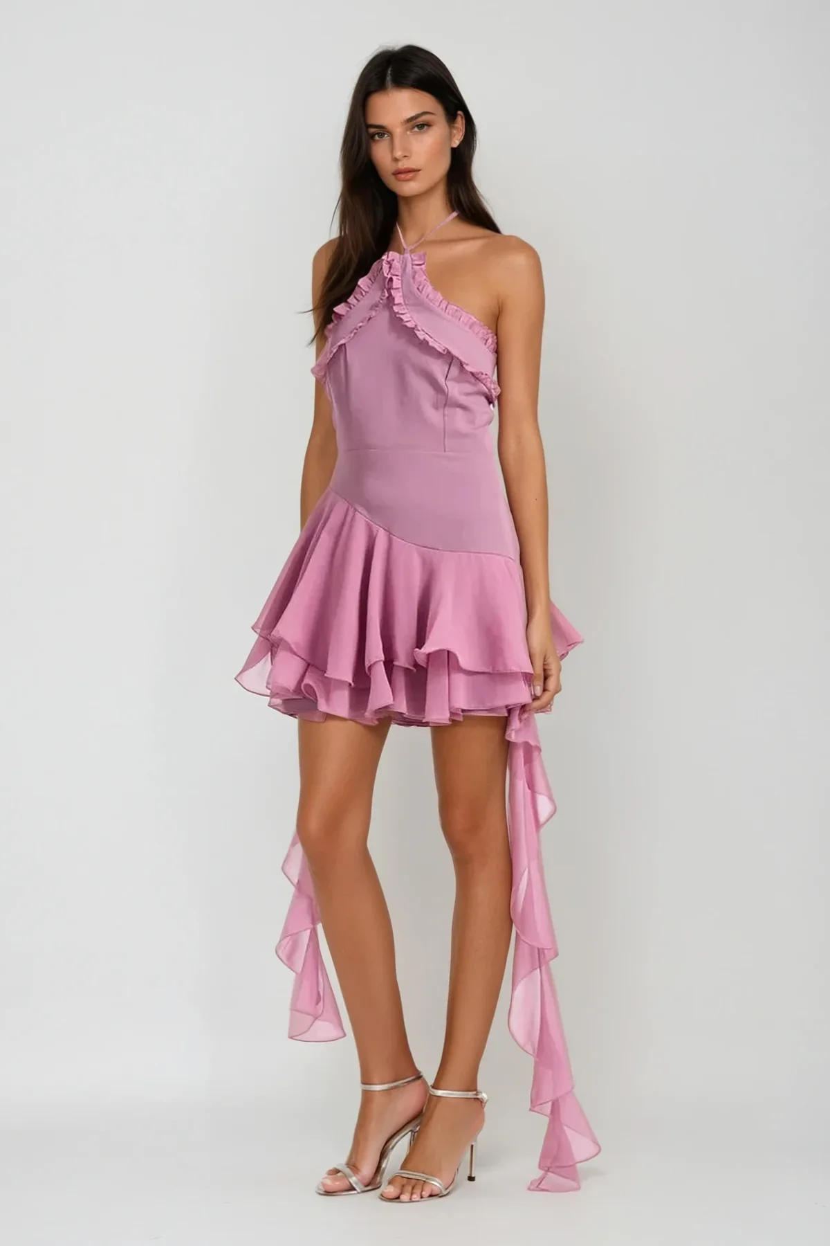 Pink Mesh Ruffle Fringe Mini Dress with Halter Neck