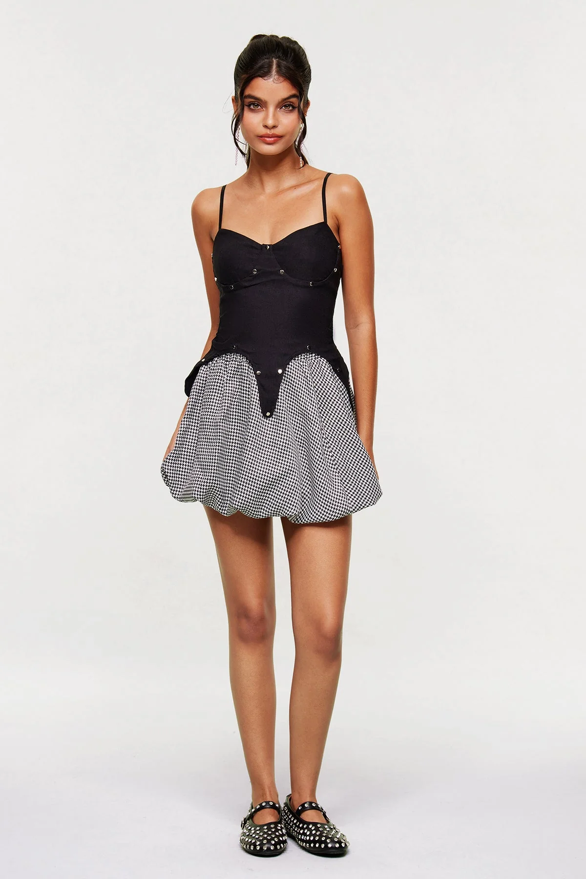 Elegant Studded Houndstooth Skirt Set