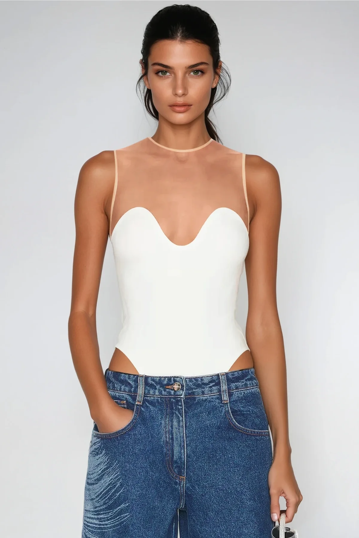 White Mesh Sleeveless Bodycon Romper - Aquamarine Design