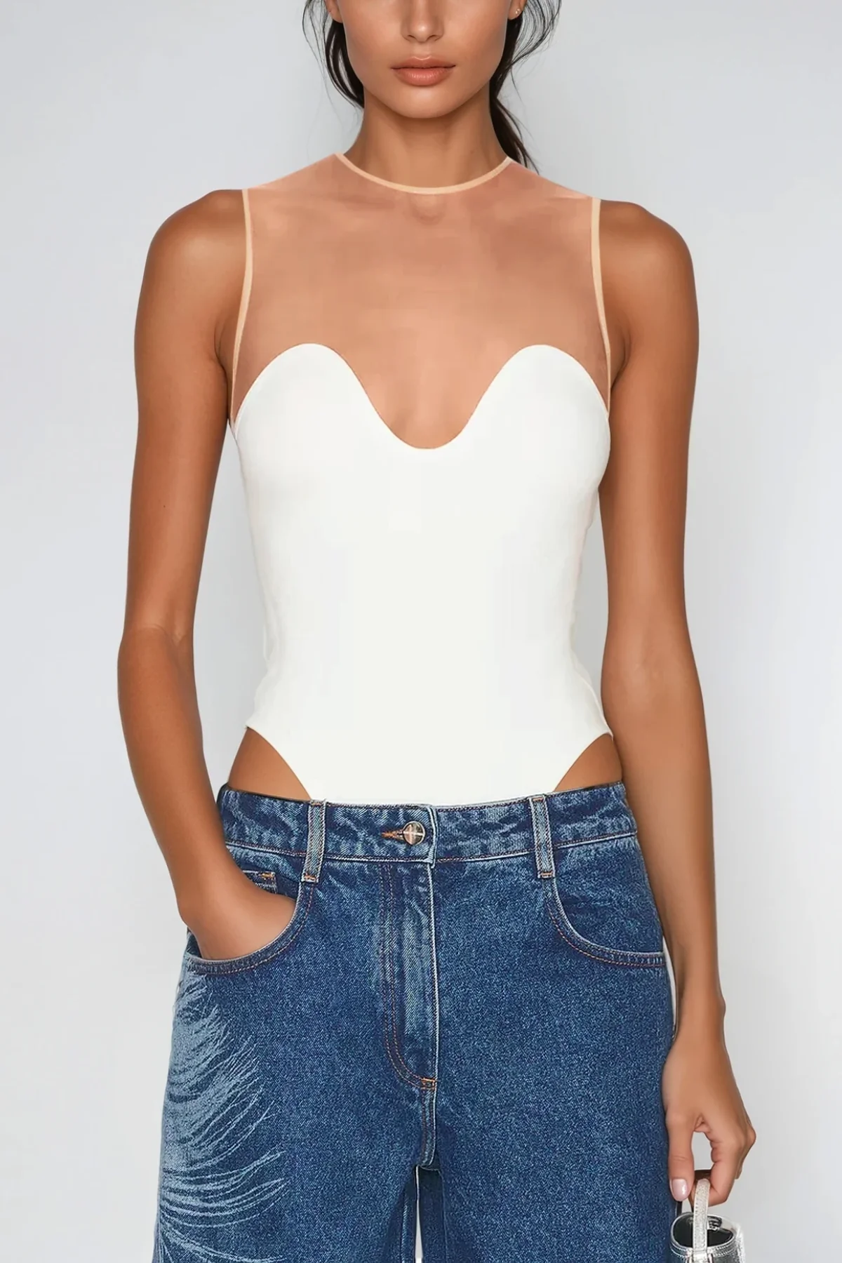 White Mesh Sleeveless Bodycon Romper - Aquamarine Design