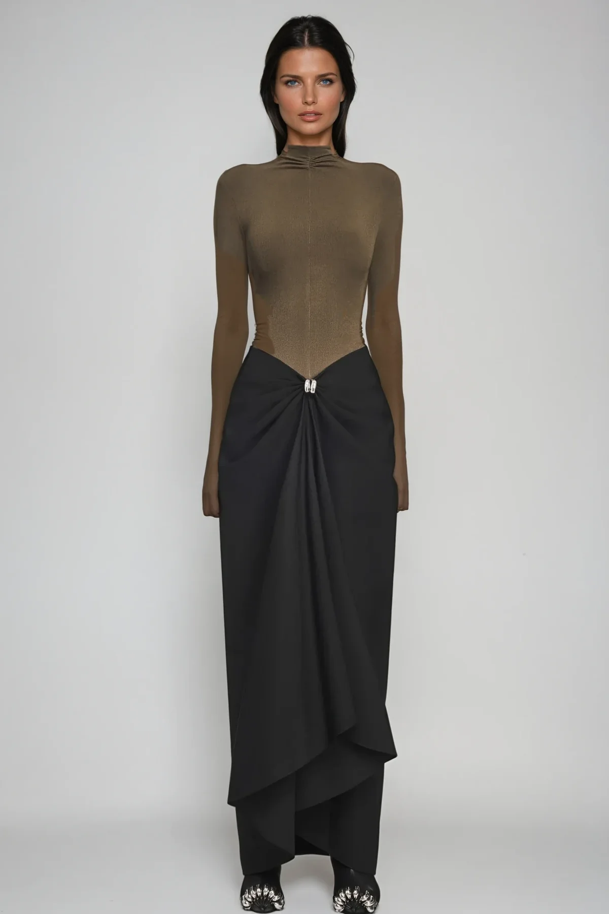 Brown Bodycon Ruch Maxi Dress - Sleek Modern Design