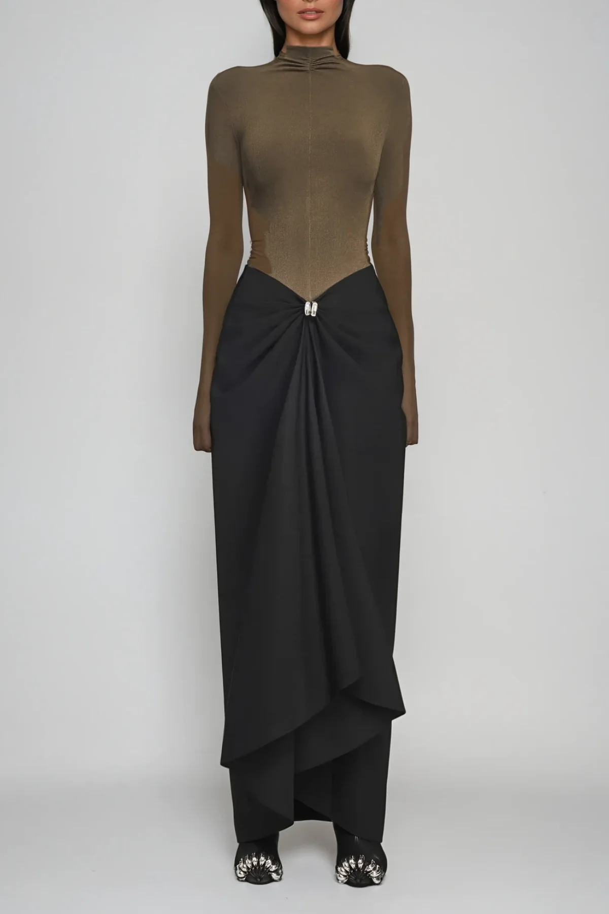 Brown Bodycon Ruch Maxi Dress - Sleek Modern Design