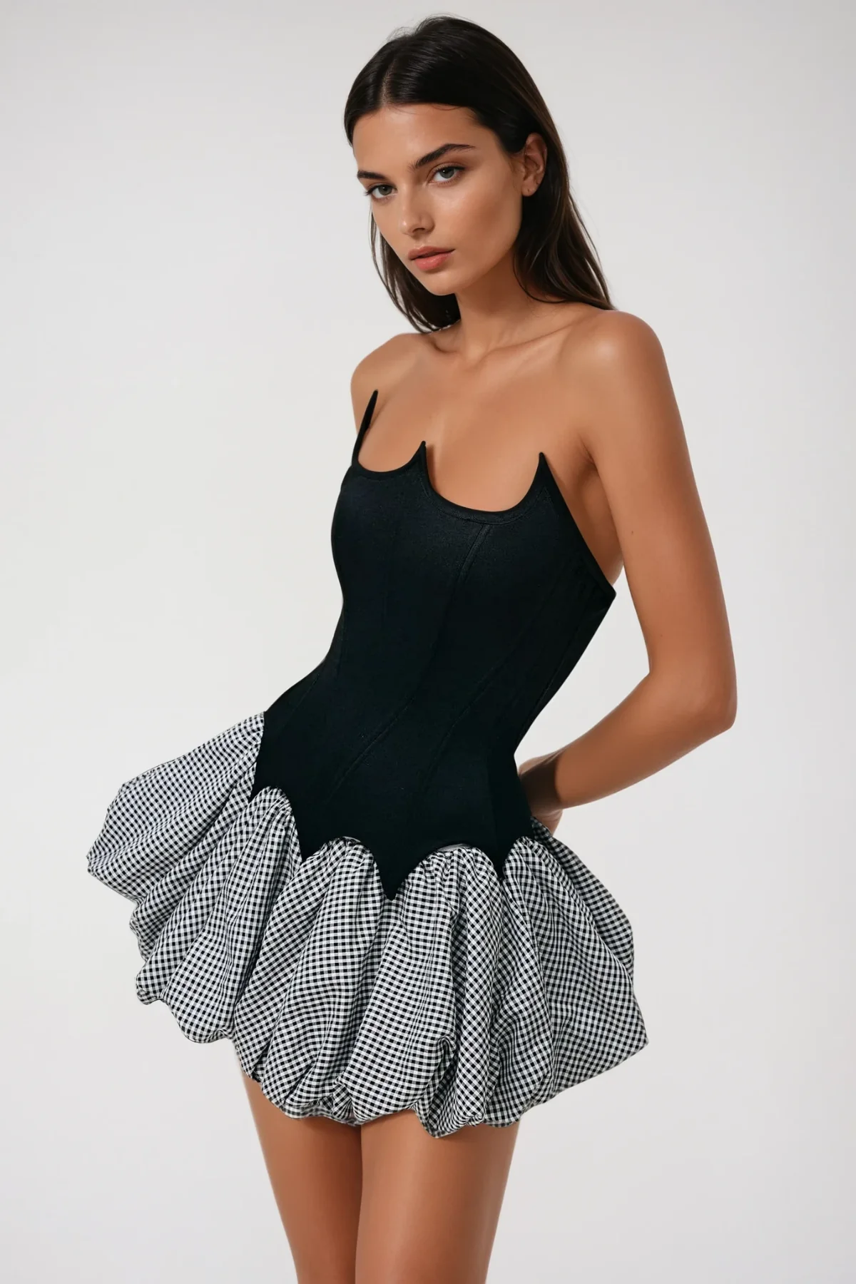 Modern Grid Pattern Strapless Mini Dress