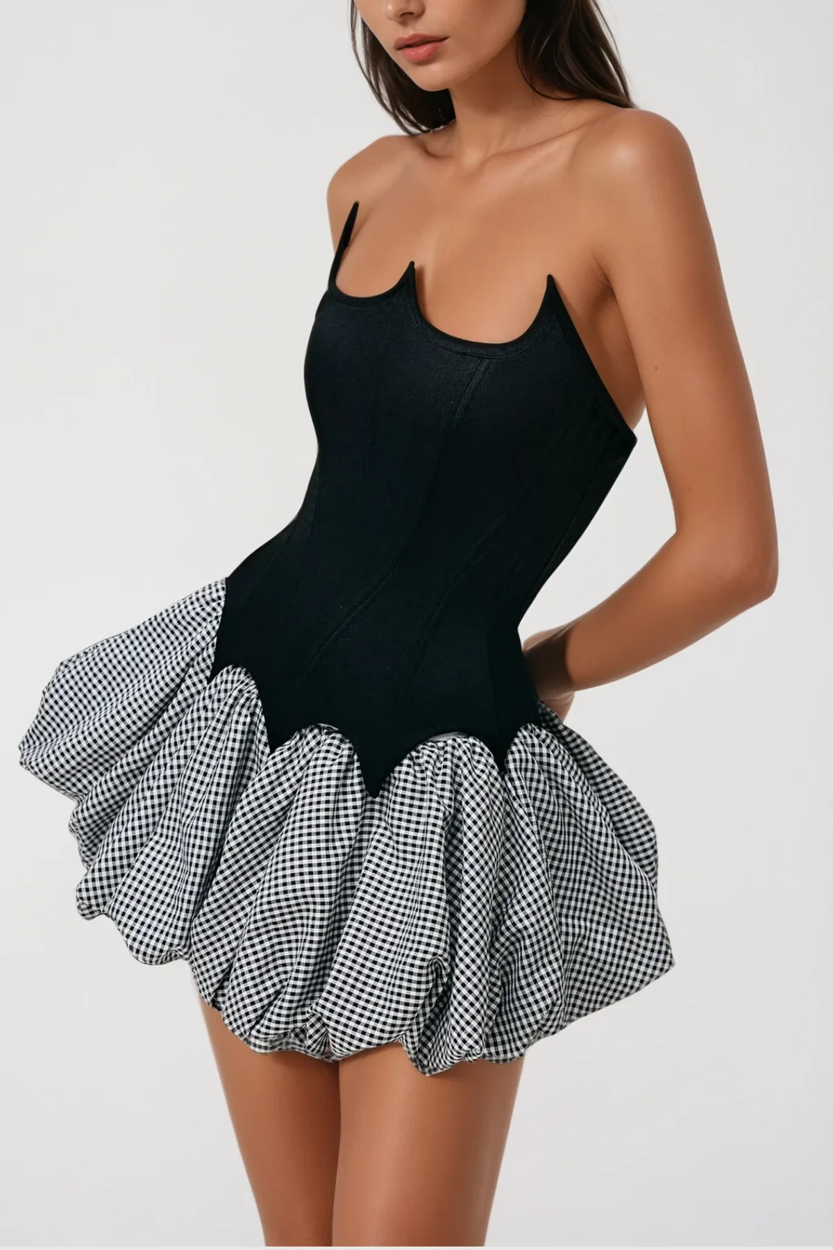Modern Grid Pattern Strapless Mini Dress