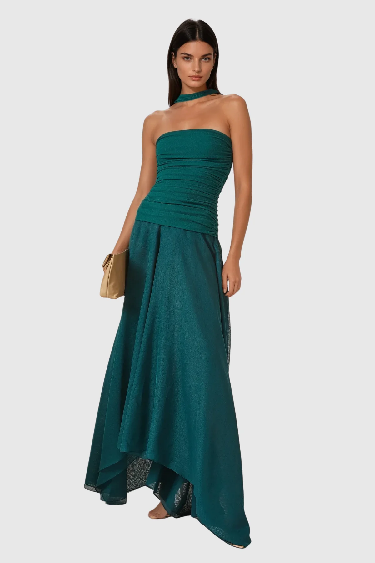 Elegant Halter Neck Mesh Ruffle Maxi Dress in Green