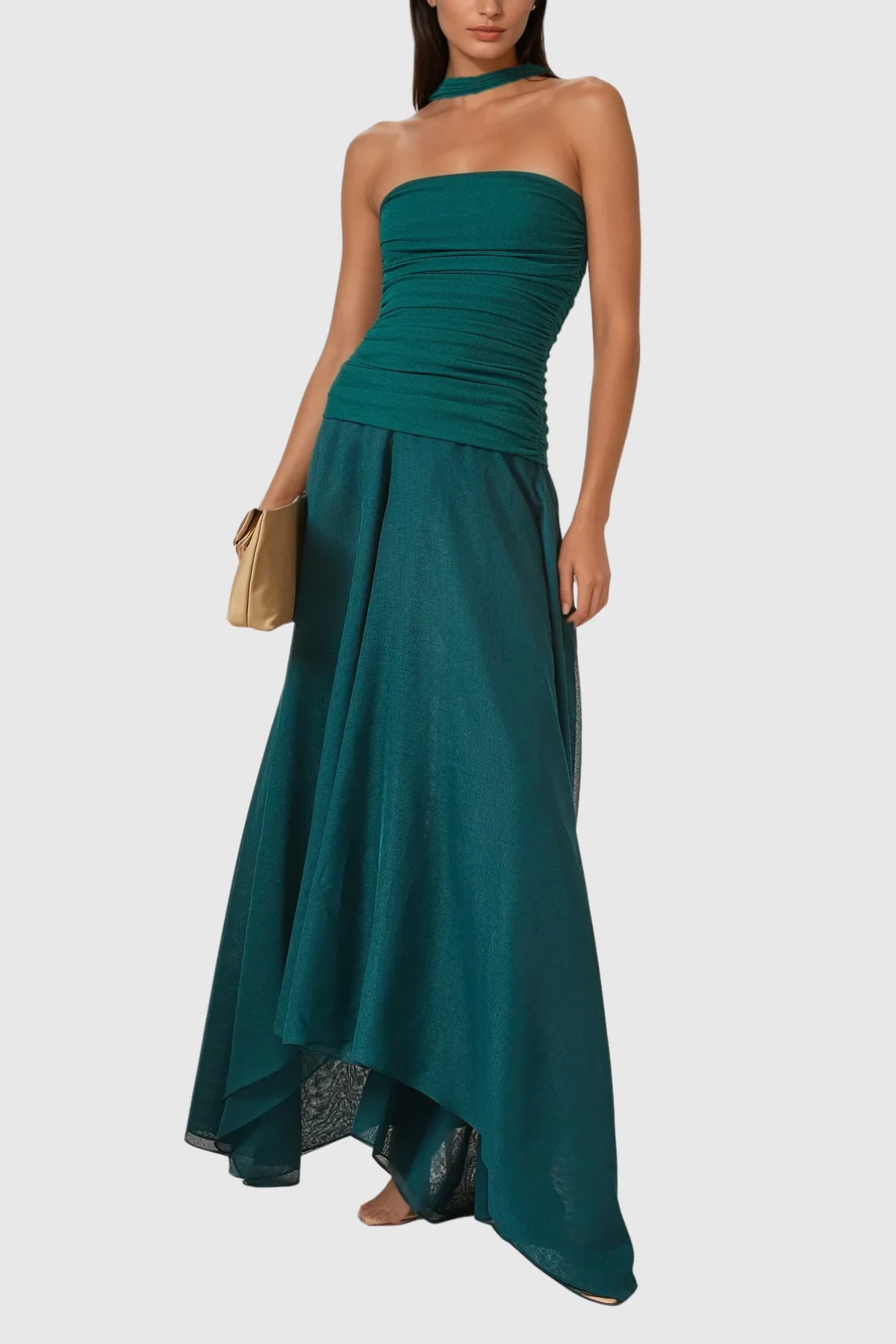 Elegant Halter Neck Mesh Ruffle Maxi Dress in Green