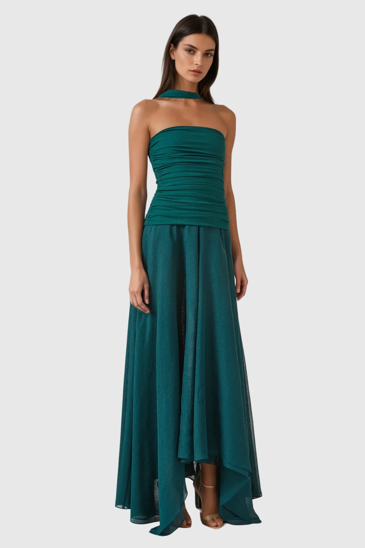 Elegant Halter Neck Mesh Ruffle Maxi Dress in Green